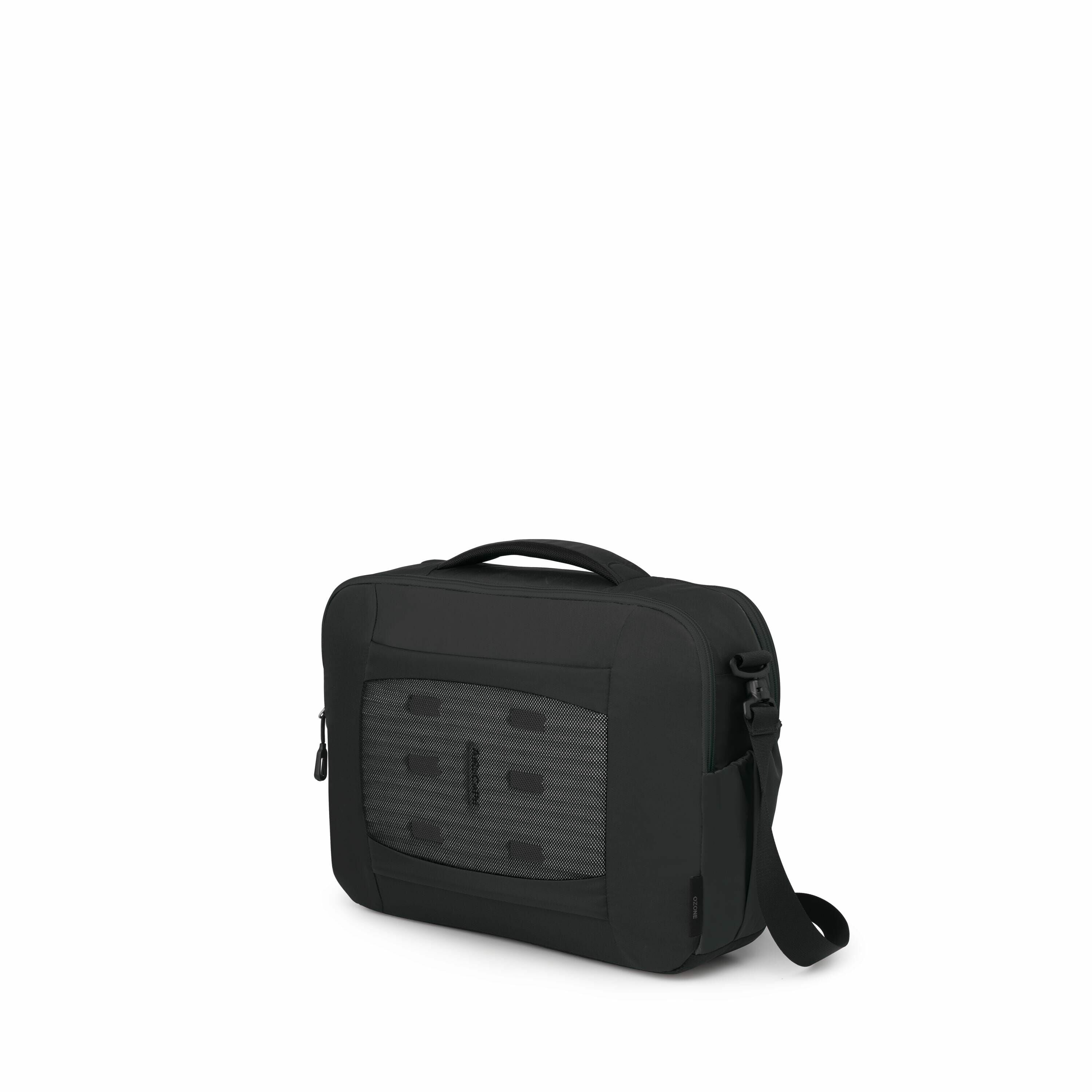 The image shows a black shoulder bag with a compact, rectangular design. It features a main compartment with a zippered closure and a short handle on top for carrying. There is a front pocket with a textured surface, possibly for additional storage or aes