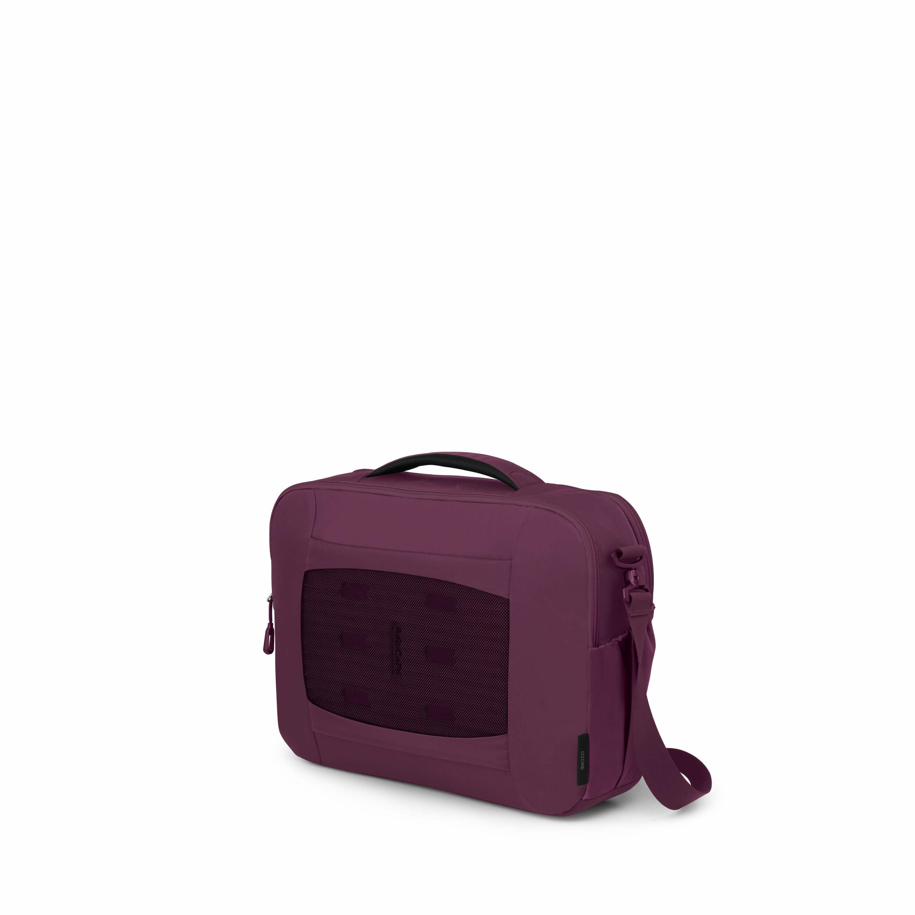 The image depicts a compact and stylish maroon laptop bag designed for portability and ease of carrying. The bag features a single handle on the top, allowing for easy lifting, and appears to have a detachable shoulder strap on the side for versatile carr