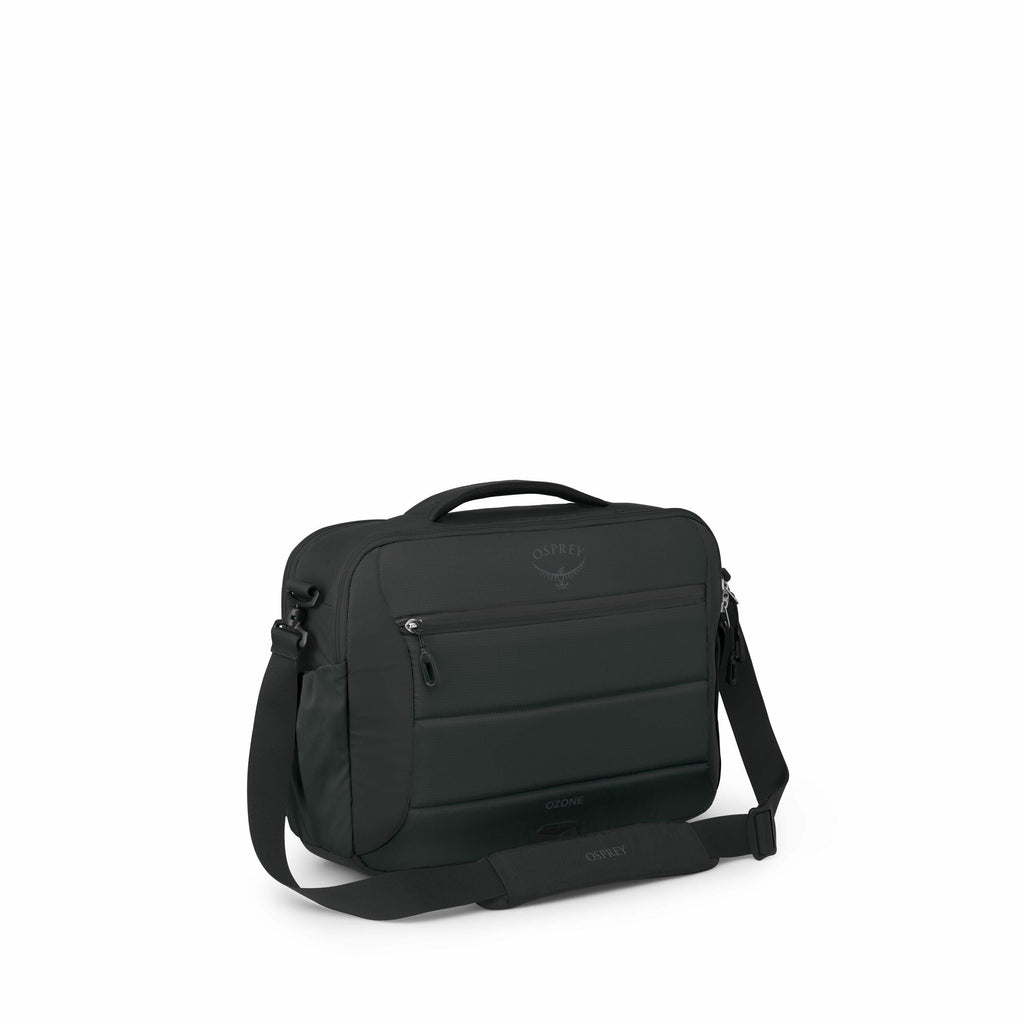 The image sequence showcases a black Osprey courier bag, highlighting different angles and details. The first image displays the bag in full, emphasizing its sleek design and practical front zip pocket. Subsequent images deconstruct the bag, progressively