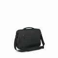 The image sequence showcases a black Osprey courier bag, highlighting different angles and details. The first image displays the bag in full, emphasizing its sleek design and practical front zip pocket. Subsequent images deconstruct the bag, progressively