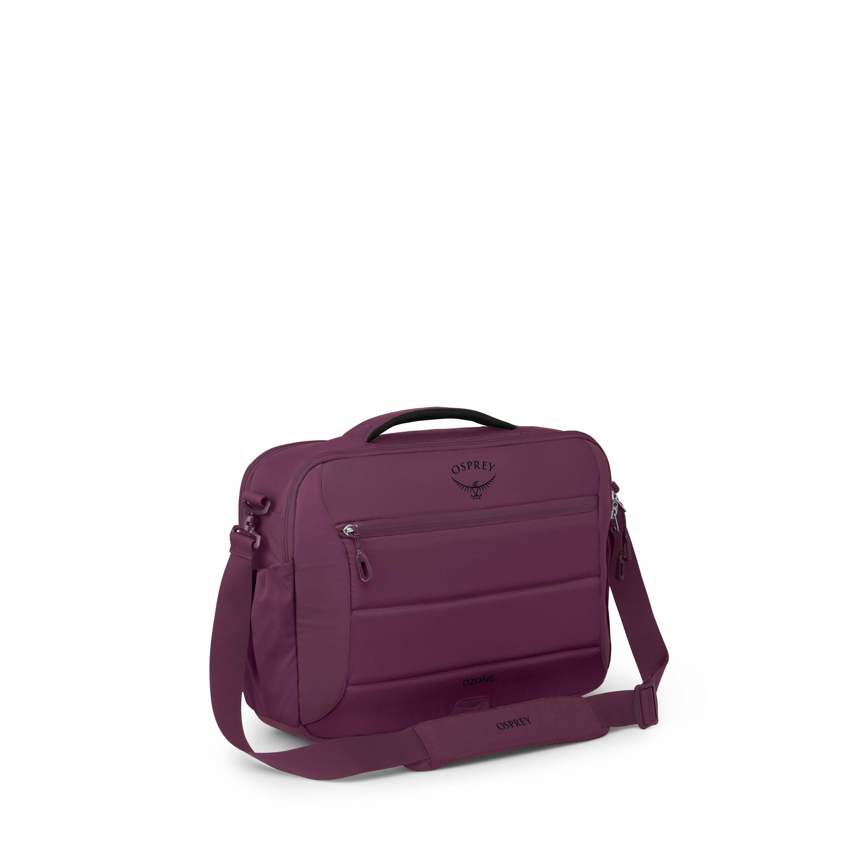 The image showcases a maroon-colored Osprey messenger bag, designed for carrying laptops and other essentials. It features a main compartment with a zipper closure and a front zippered pocket for additional storage. The bag includes a sturdy handle on top