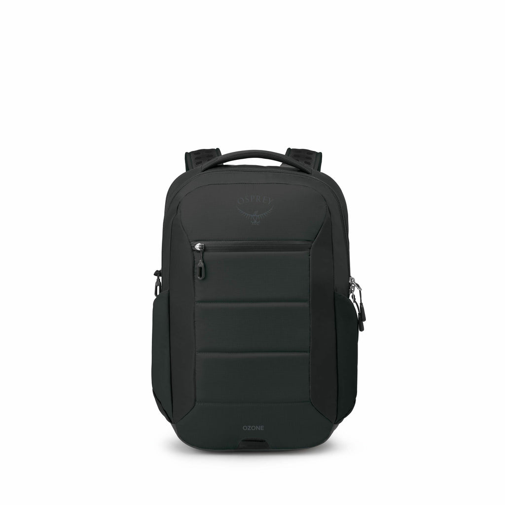 The image series showcases a dark gray backpack from various angles, highlighting its structure and design. The backpack features a simple, modern aesthetic with a padded front and the brand name "Osprey" subtly embossed on the upper section. It includes