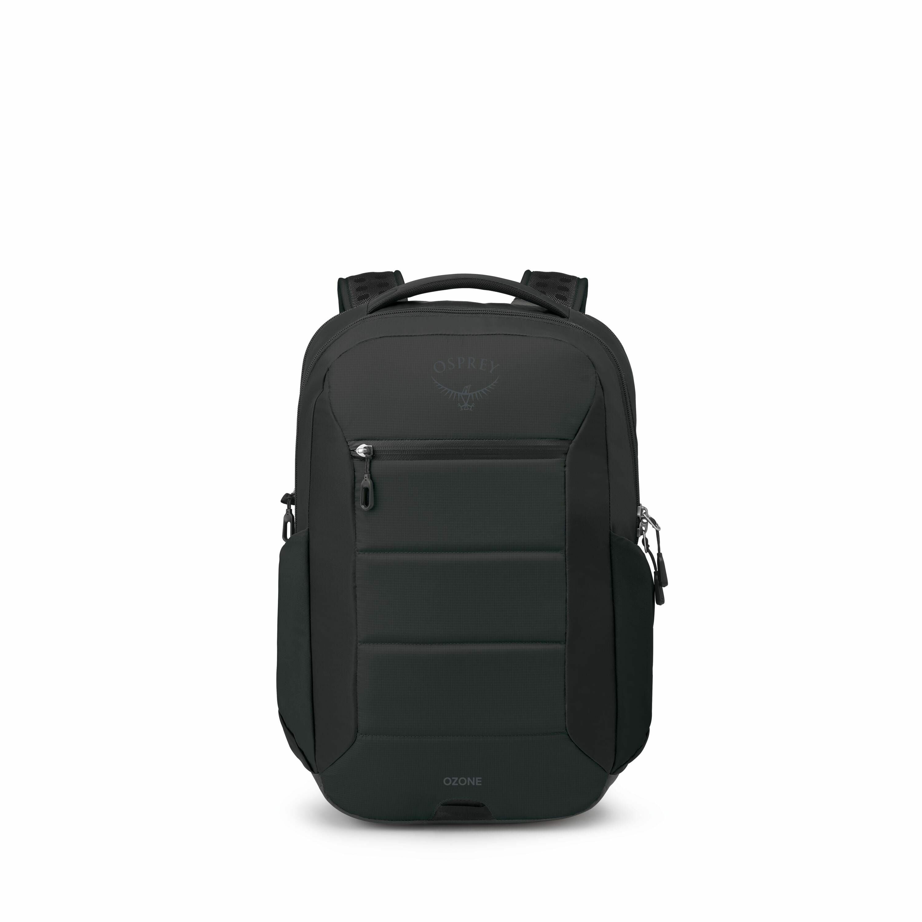 The image series showcases a dark gray backpack from various angles, highlighting its structure and design. The backpack features a simple, modern aesthetic with a padded front and the brand name "Osprey" subtly embossed on the upper section. It includes