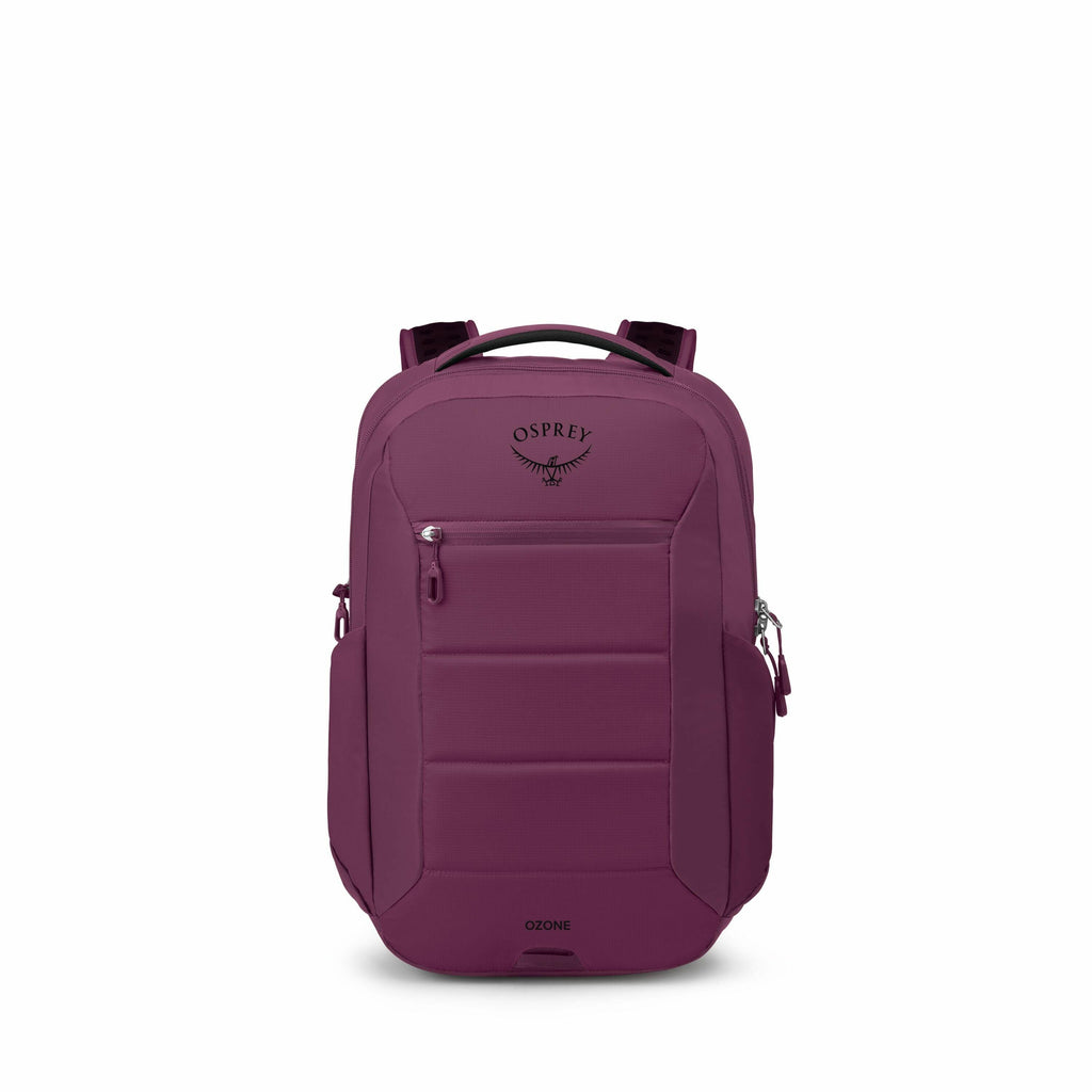 The images depict a maroon-colored Osprey Ozone backpack and its individual components. The backpack is shown in its fully assembled form, showcasing a sleek and padded design with the Osprey logo prominently displayed on the front. Additionally, there ar