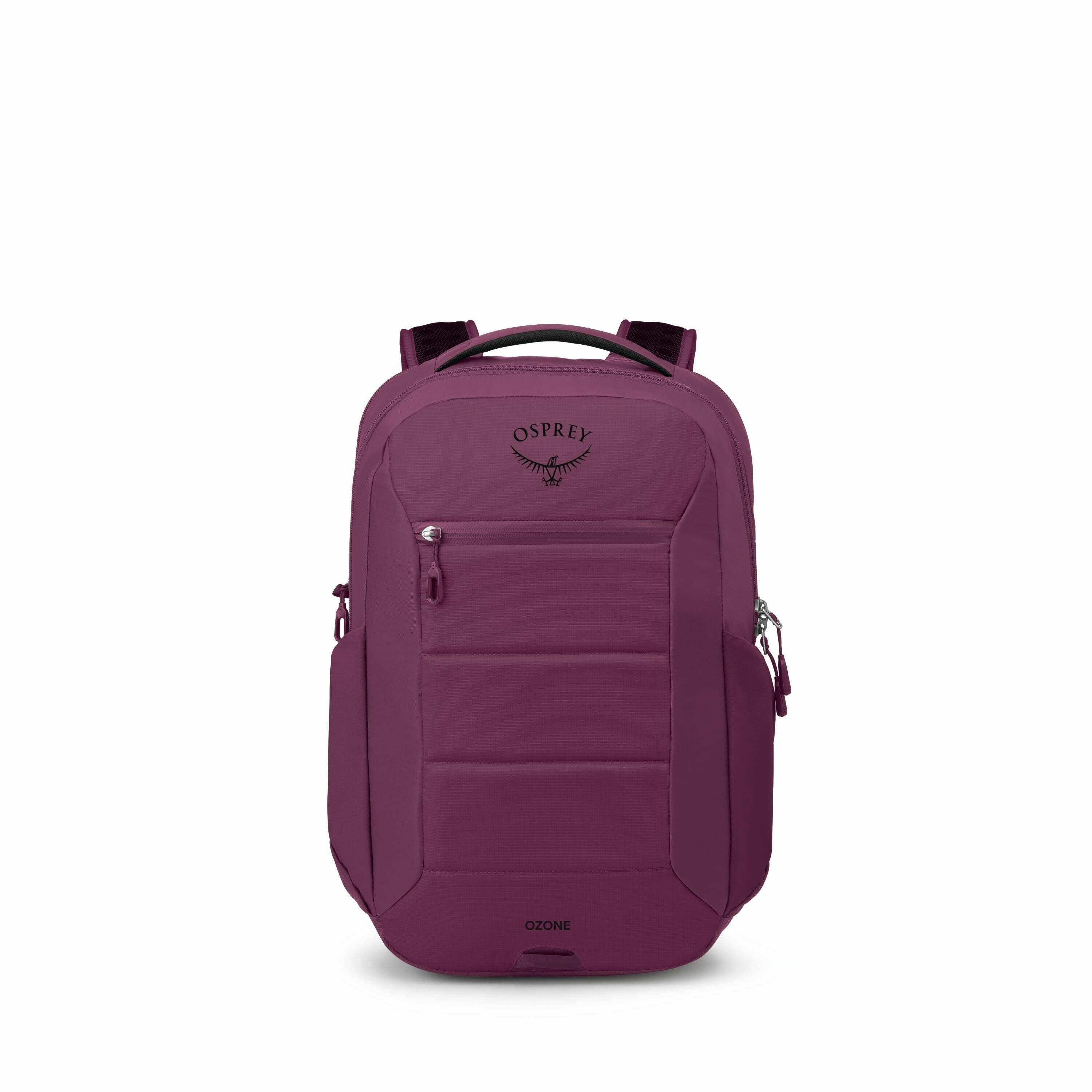 The images depict a maroon-colored Osprey Ozone backpack and its individual components. The backpack is shown in its fully assembled form, showcasing a sleek and padded design with the Osprey logo prominently displayed on the front. Additionally, there ar