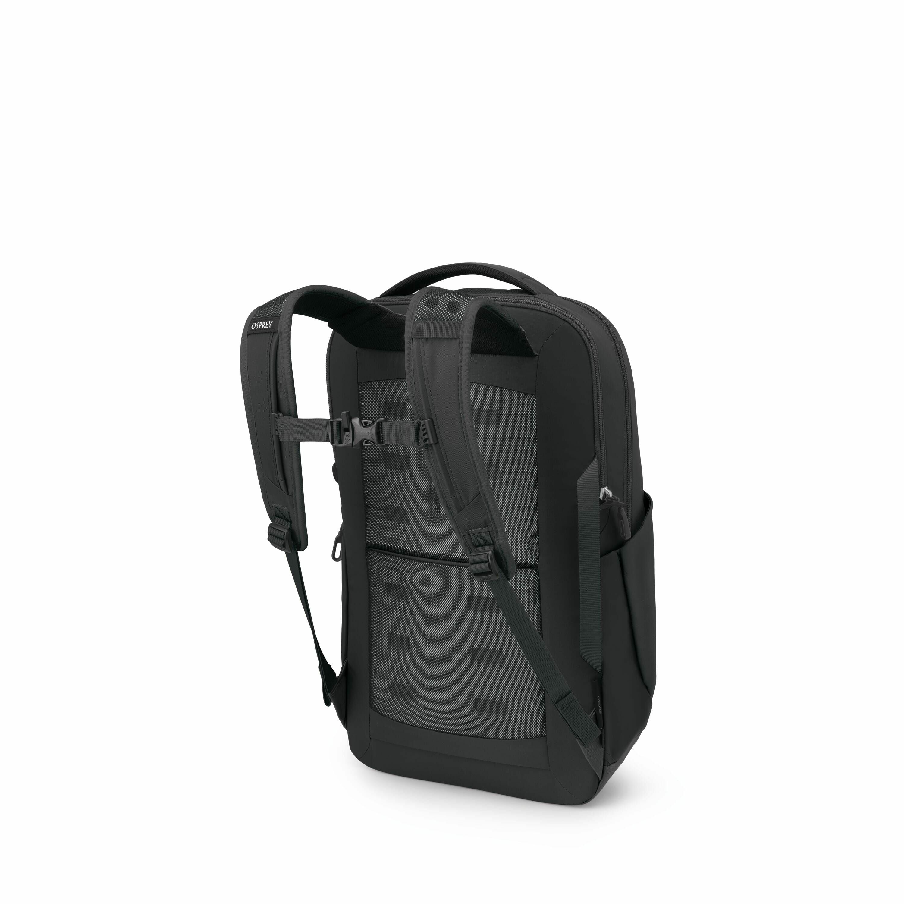 The image showcases a black backpack viewed from the back, highlighting its shoulder straps and back panel. The backpack is sleek and modern in design, featuring padded straps for comfort, which are connected by an adjustable chest strap for added stabili