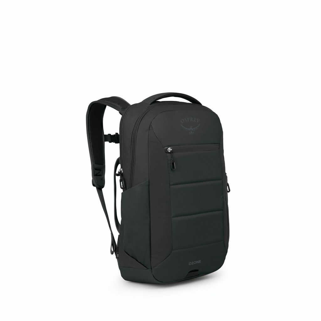The image features a black Osprey backpack designed for everyday use or travel. It is a sleek and modern backpack with a streamlined design, showcasing several zippered compartments on the front. The Osprey logo is visible near the top of the backpack, an
