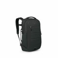 The image features a black Osprey backpack designed for everyday use or travel. It is a sleek and modern backpack with a streamlined design, showcasing several zippered compartments on the front. The Osprey logo is visible near the top of the backpack, an