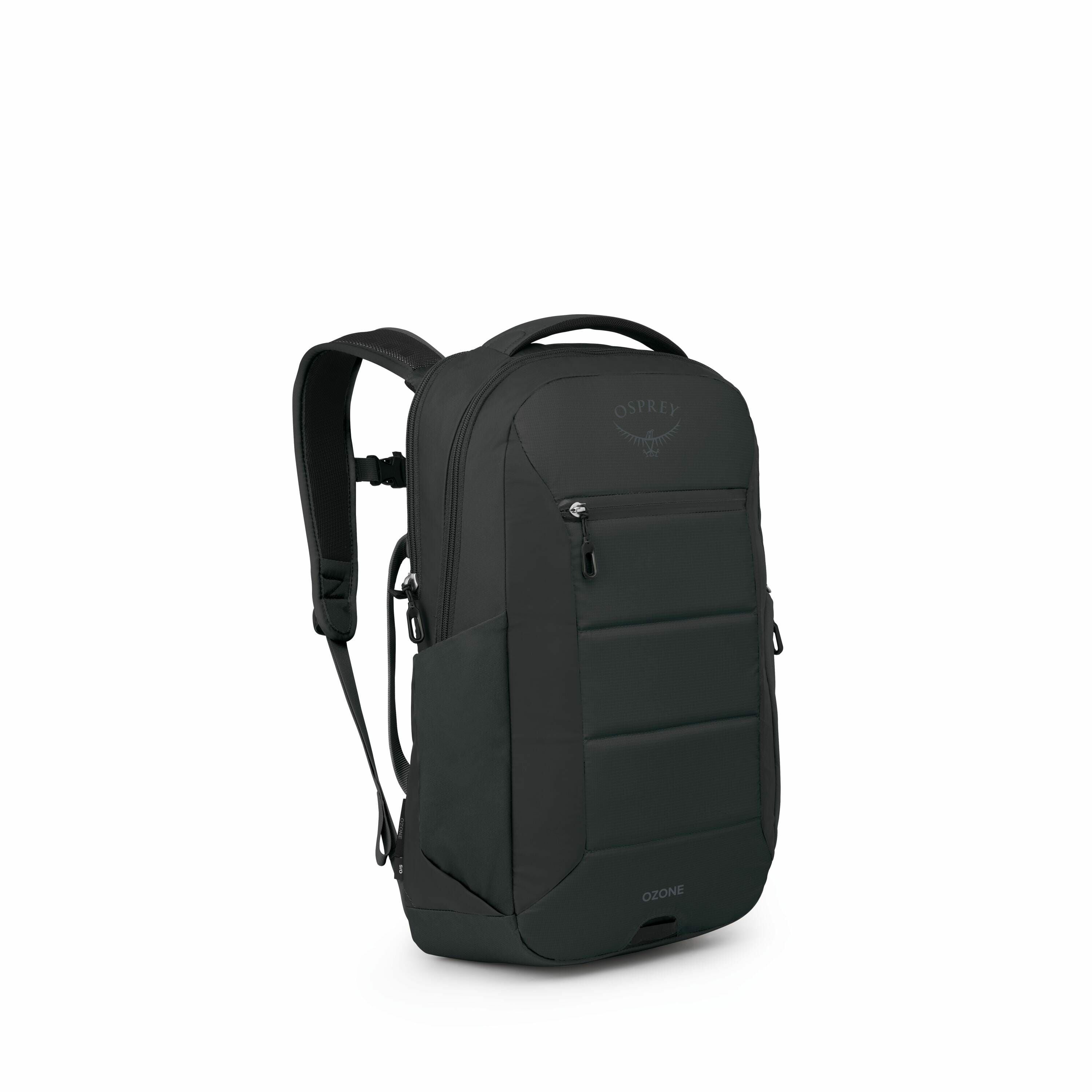 The image features a black Osprey backpack designed for everyday use or travel. It is a sleek and modern backpack with a streamlined design, showcasing several zippered compartments on the front. The Osprey logo is visible near the top of the backpack, an
