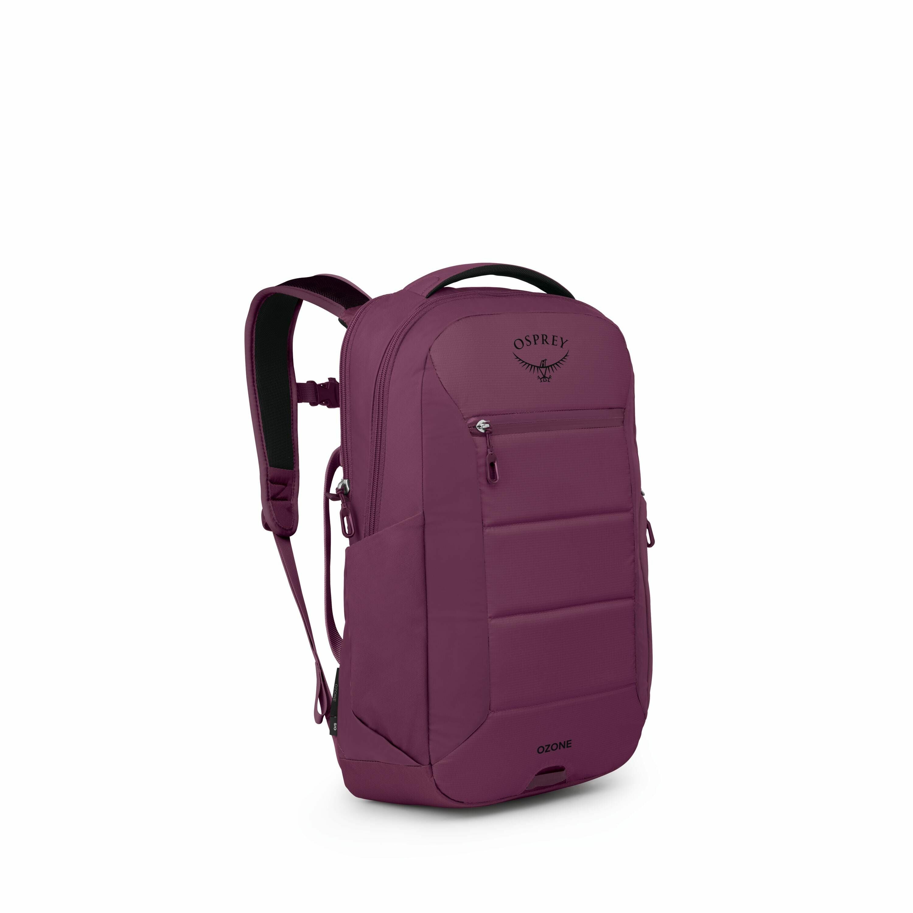 The images show a detailed breakdown of an Osprey Ozone backpack, depicted in a rich burgundy color. The first image displays the full backpack, highlighting its sleek design and functional elements such as the zipper compartments and padded shoulder stra