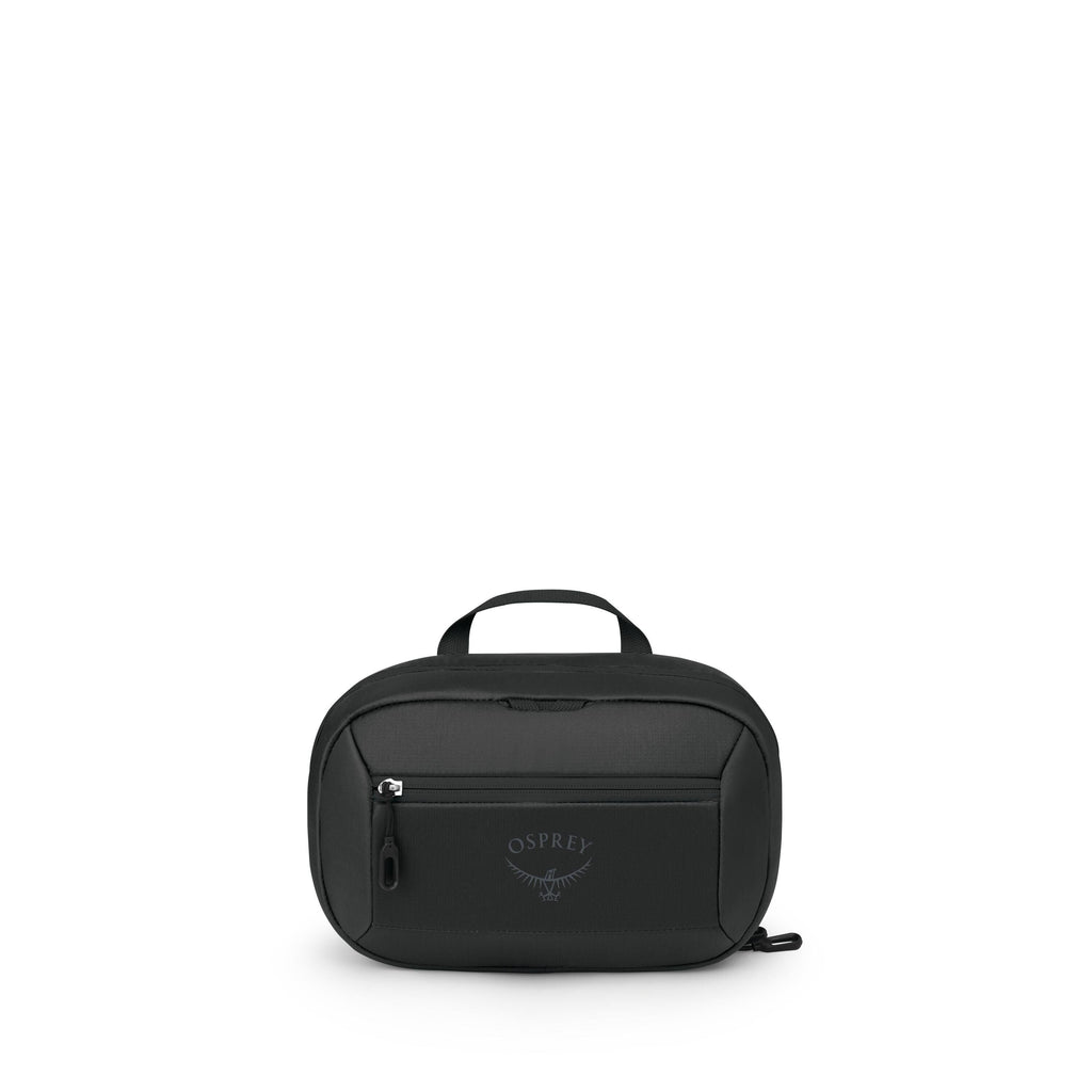 The images show a compact black travel pouch or small bag with a rounded rectangular shape. It has a short top handle, a front zip pocket with a zipper pull, and subtle branding that reads "Osprey" with a bird logo. Additional frames display the pouch bro