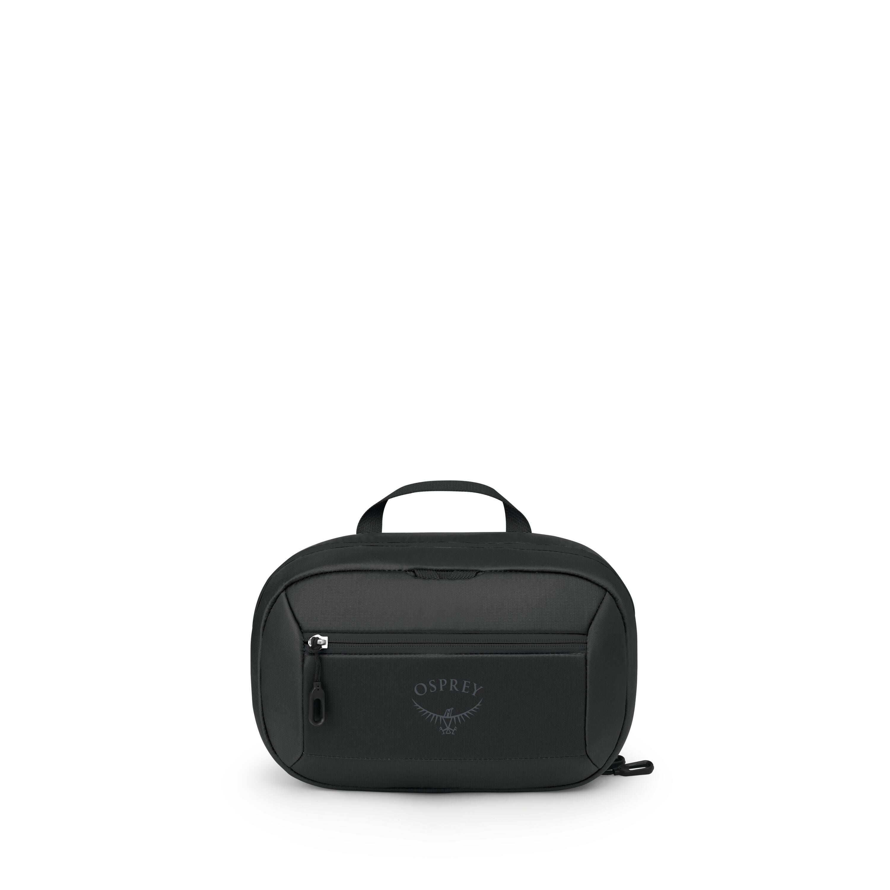 The images show a compact black travel pouch or small bag with a rounded rectangular shape. It has a short top handle, a front zip pocket with a zipper pull, and subtle branding that reads "Osprey" with a bird logo. Additional frames display the pouch bro