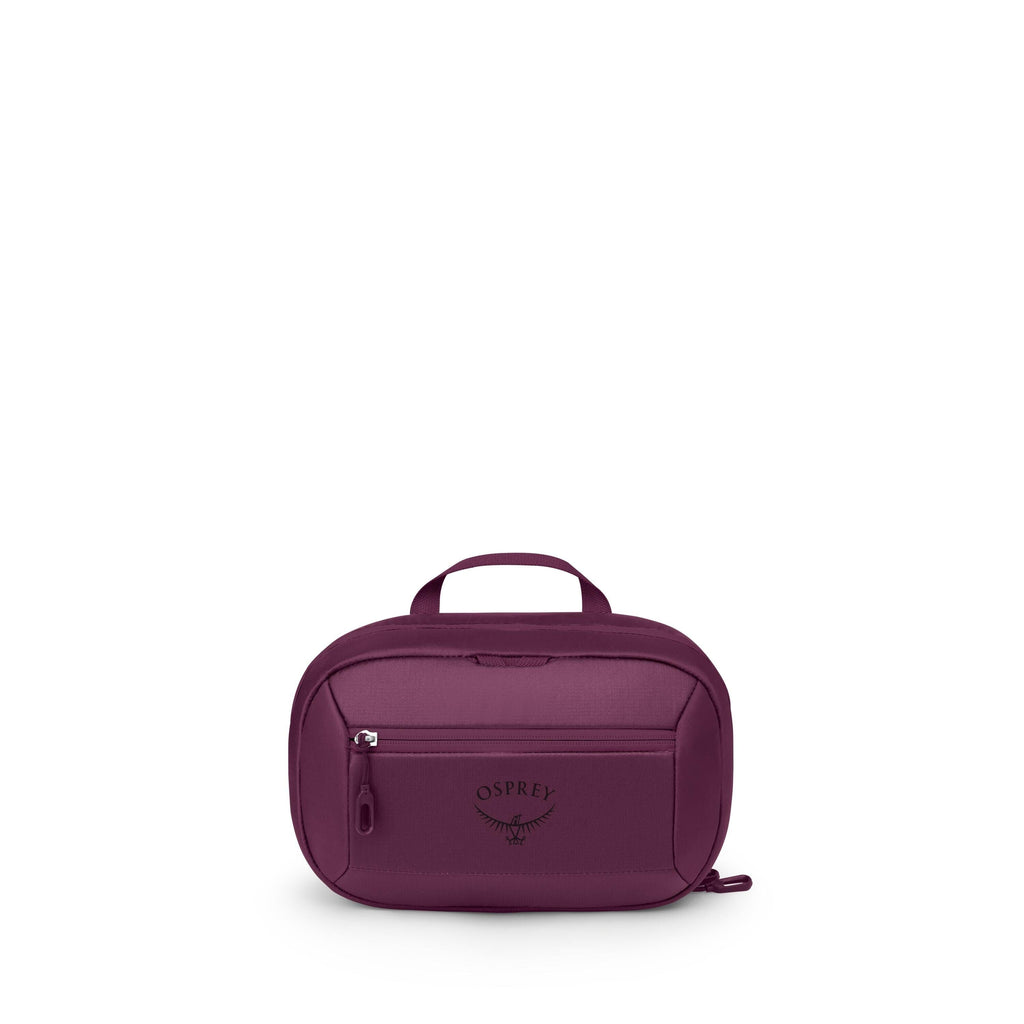 A compact purple Osprey travel pouch is centered on a white background. It has a small top handle, rounded edges, and a front zip pocket featuring the Osprey logo. Additional images show the pouch disassembled into its component panels, zippers, and handl