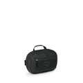 The images show a compact black Osprey travel pouch or toiletry bag. It has an oval shape with a small top handle, a front zip pocket with the Osprey logo, and a main zip compartment. Additional frames highlight reflective or white zipper details and clos
