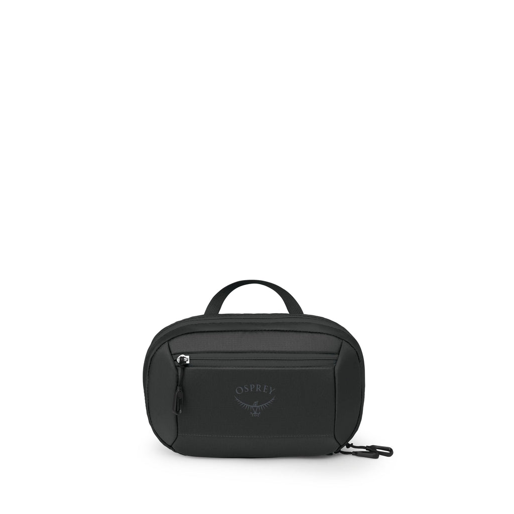 The images show a compact black Osprey pouch or small sling bag. It has an oval shape with a short top handle, a front zip pocket, and subtle Osprey logo on the front. Additional shots display the pouch from various angles, including an open view and sepa