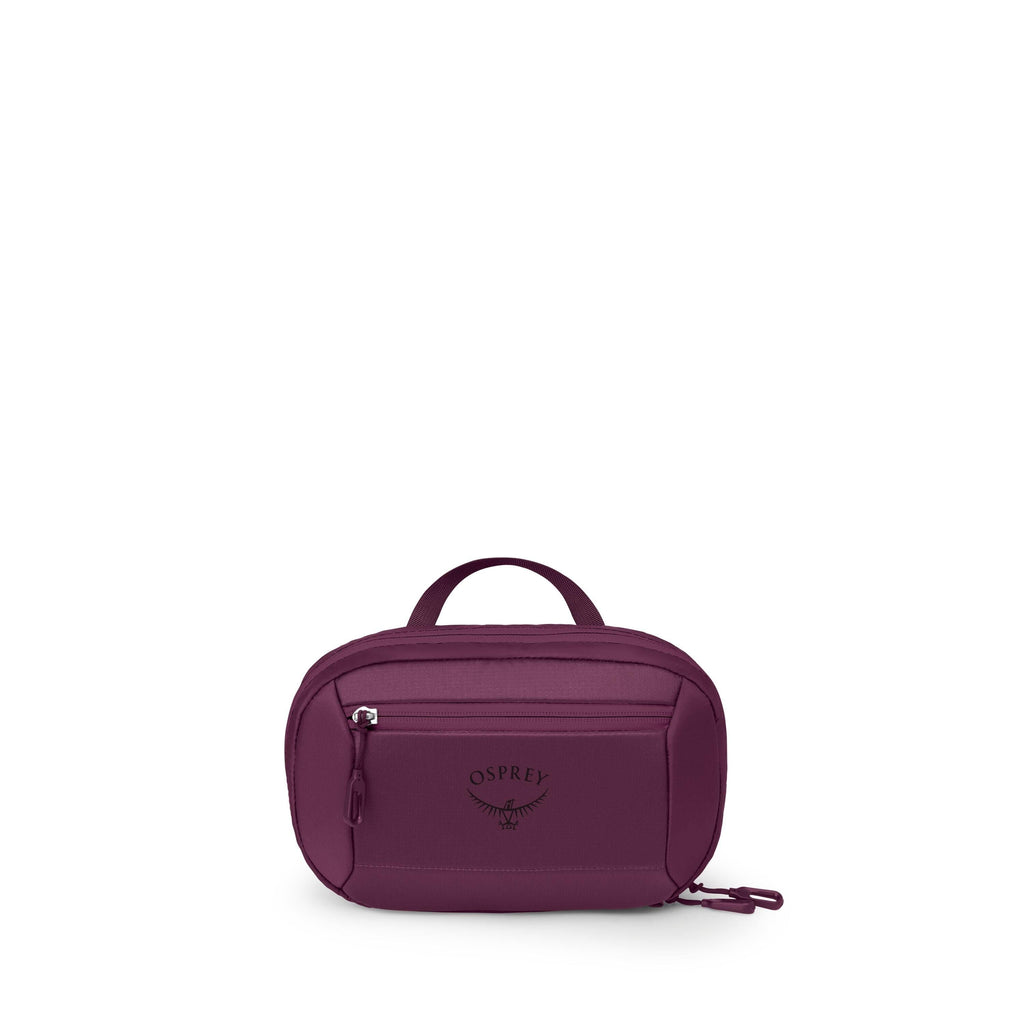 A small, zippered pouch is shown from several angles against a plain white background. The bag is a rich purple color with a minimalist, rectangular shape and rounded edges. On the front panel, the Osprey logo is printed in black. Some views display the m