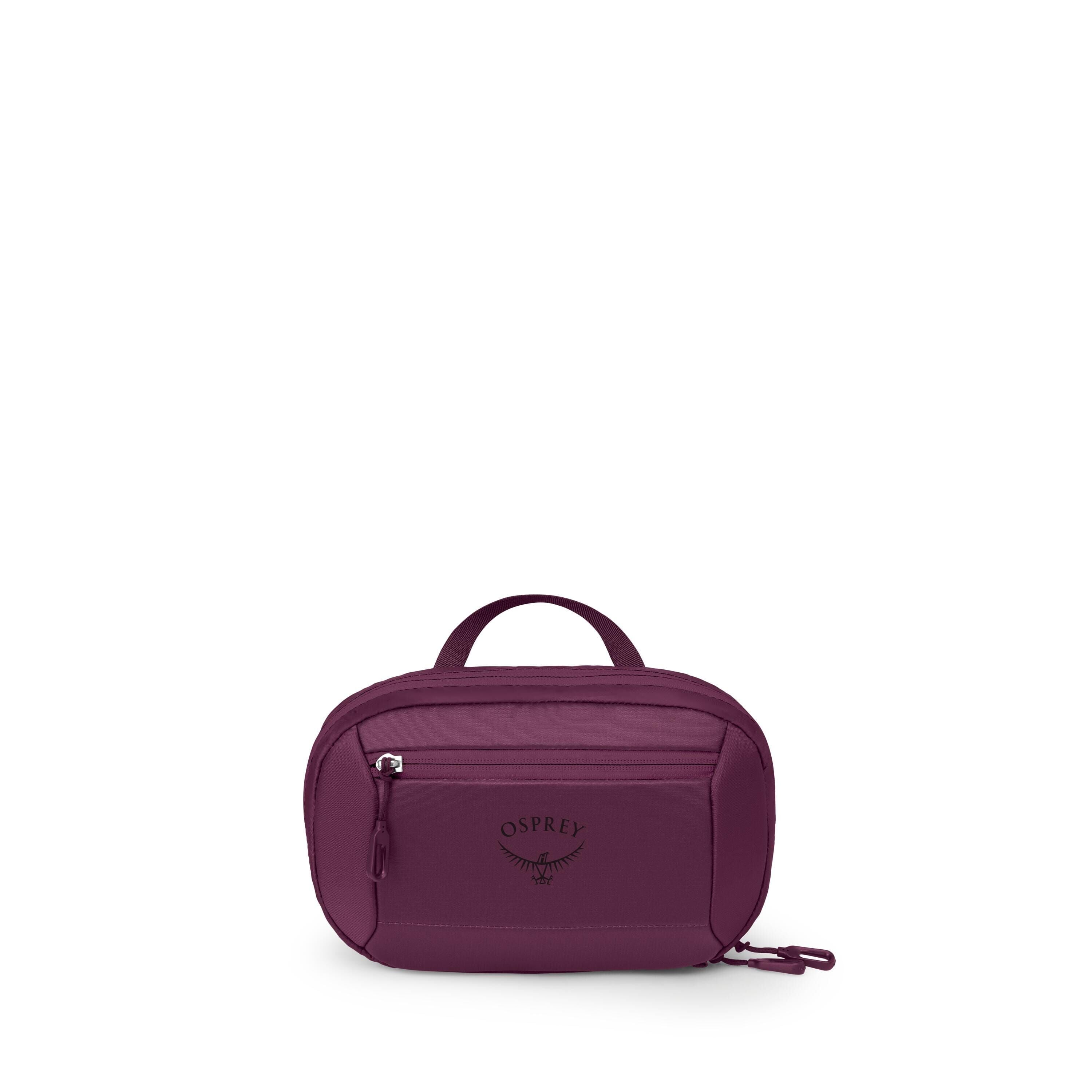 A small, zippered pouch is shown from several angles against a plain white background. The bag is a rich purple color with a minimalist, rectangular shape and rounded edges. On the front panel, the Osprey logo is printed in black. Some views display the m
