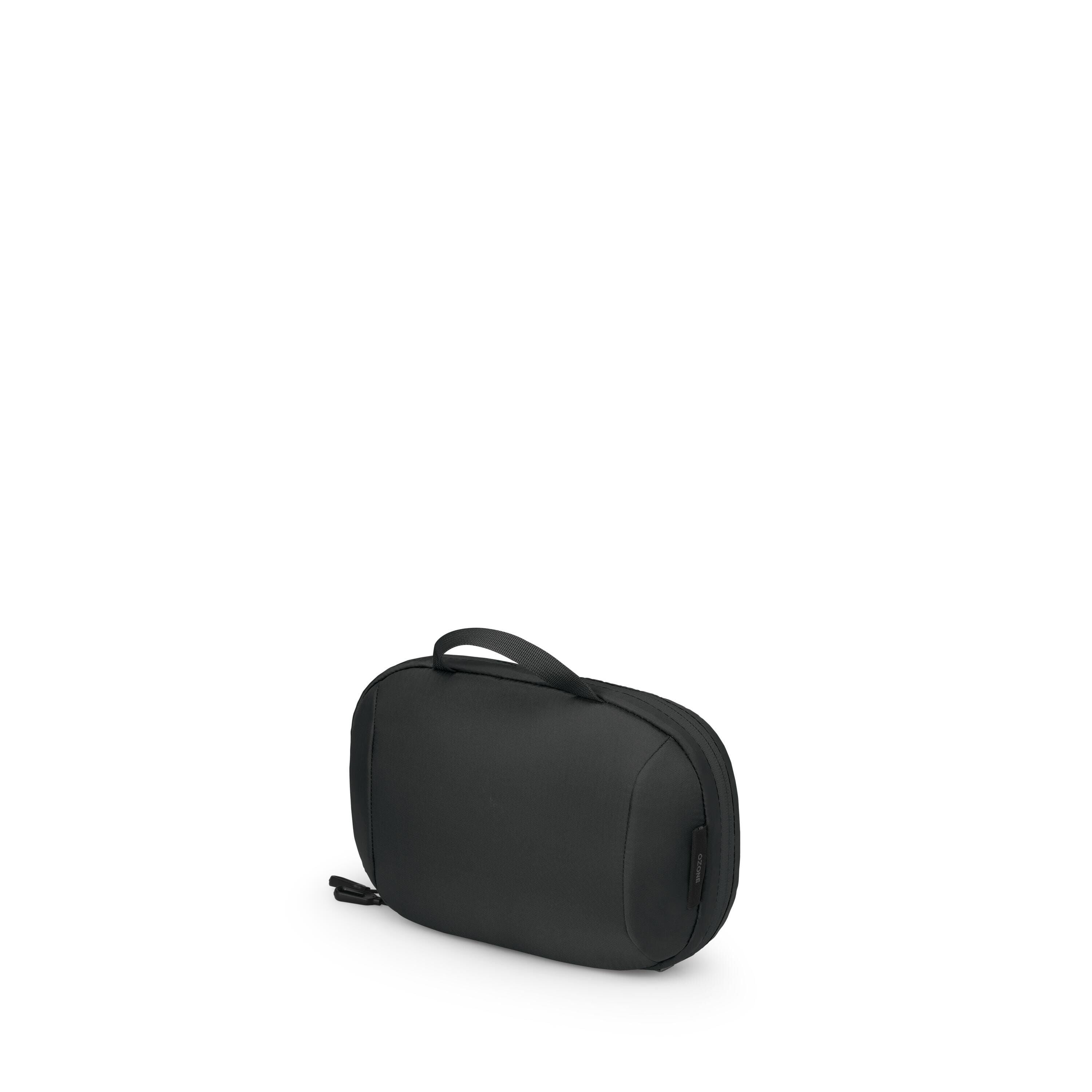 The image shows a small, black zippered pouch with a soft, rounded rectangular shape. It has a short top handle and a zipper pull on one side, suggesting it's designed for easy carrying. The material appears to be smooth, possibly nylon or another durable