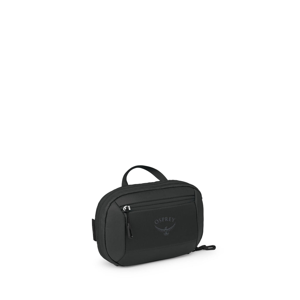 The images show a compact black Osprey pouch or small travel bag. It has a rounded rectangular shape with a short top handle and a front zip pocket bearing the Osprey logo. A main zipper runs around the top and sides, and there's a small side attachment p