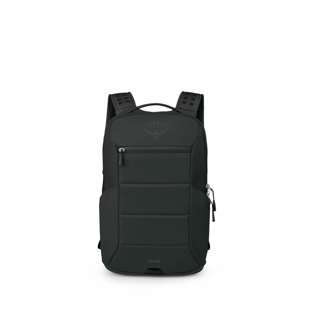 The series of images shows a black Osprey Ozone backpack from various angles and in different states of assembly. Initially, the backpack is displayed fully assembled with visible branding and a front zipper pocket. Subsequent images gradually deconstruct