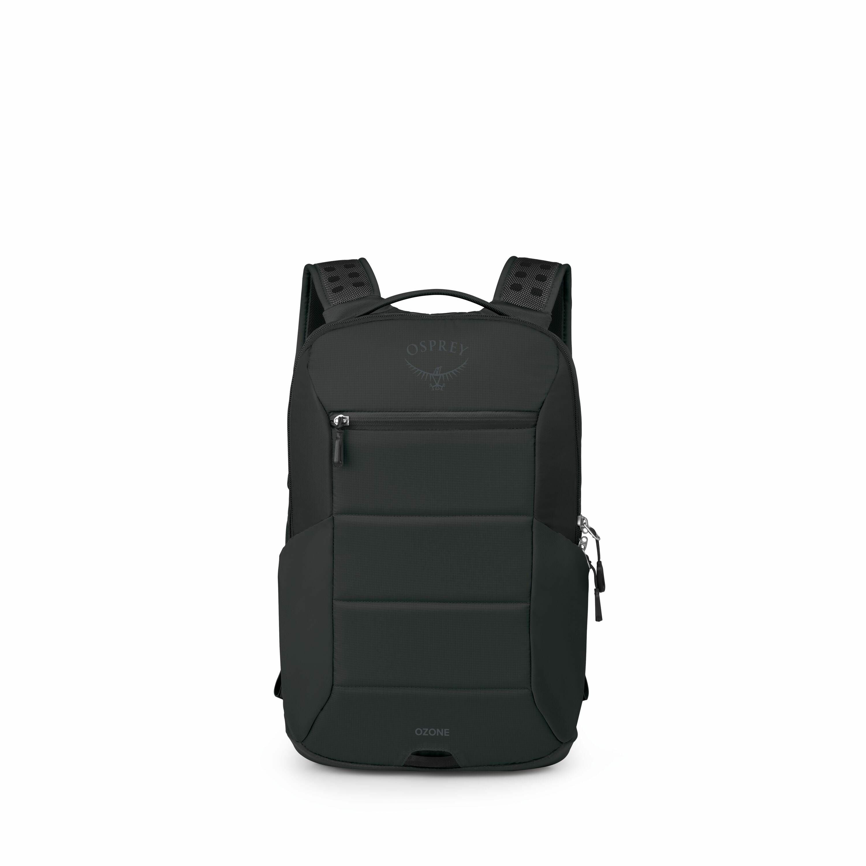 The series of images shows a black Osprey Ozone backpack from various angles and in different states of assembly. Initially, the backpack is displayed fully assembled with visible branding and a front zipper pocket. Subsequent images gradually deconstruct