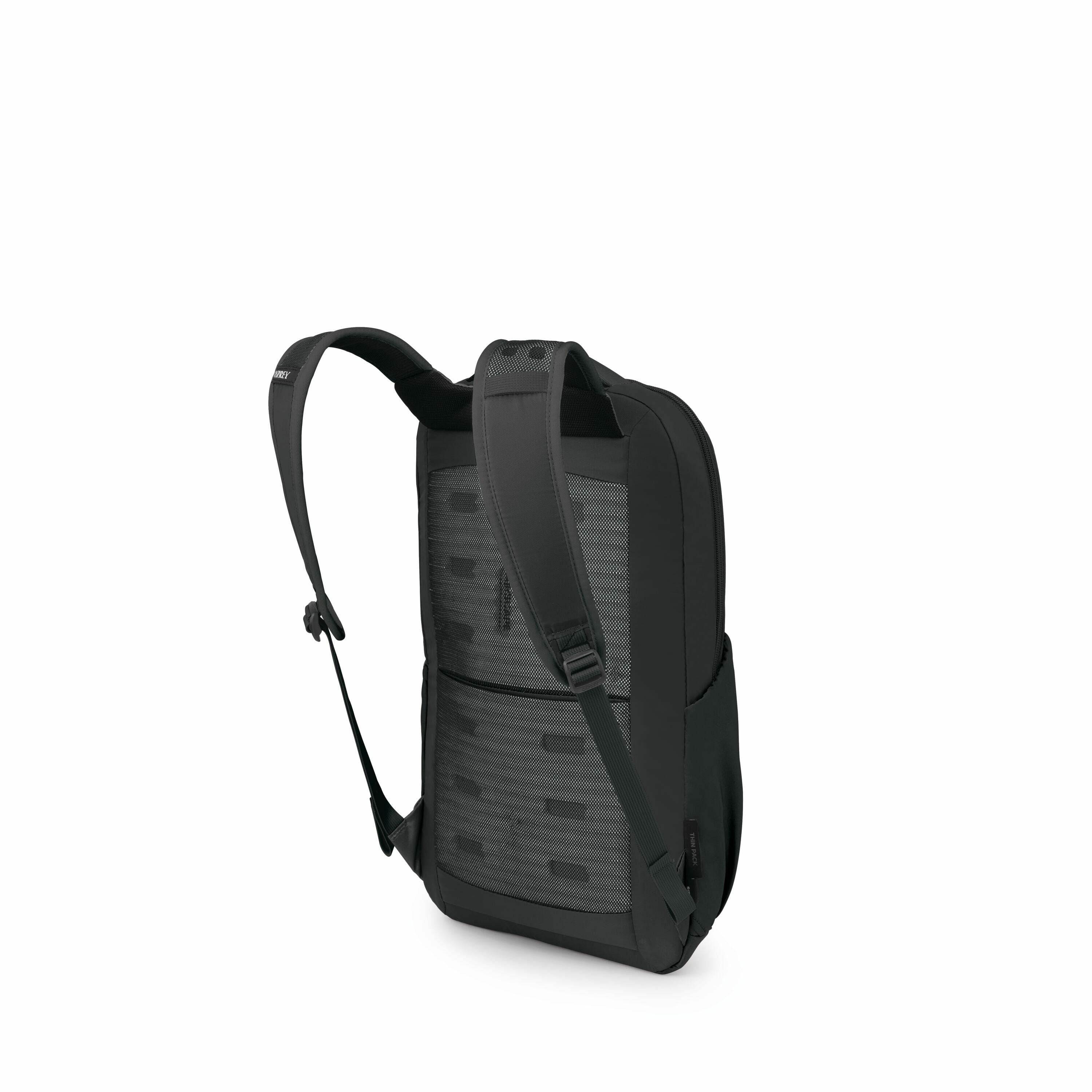 The images depict a series of renders showing a backpack in various stages of assembly. The first image displays the complete backpack from an angled rear view, with visible straps and a subtle pattern on the back panel. Subsequent images showcase compone