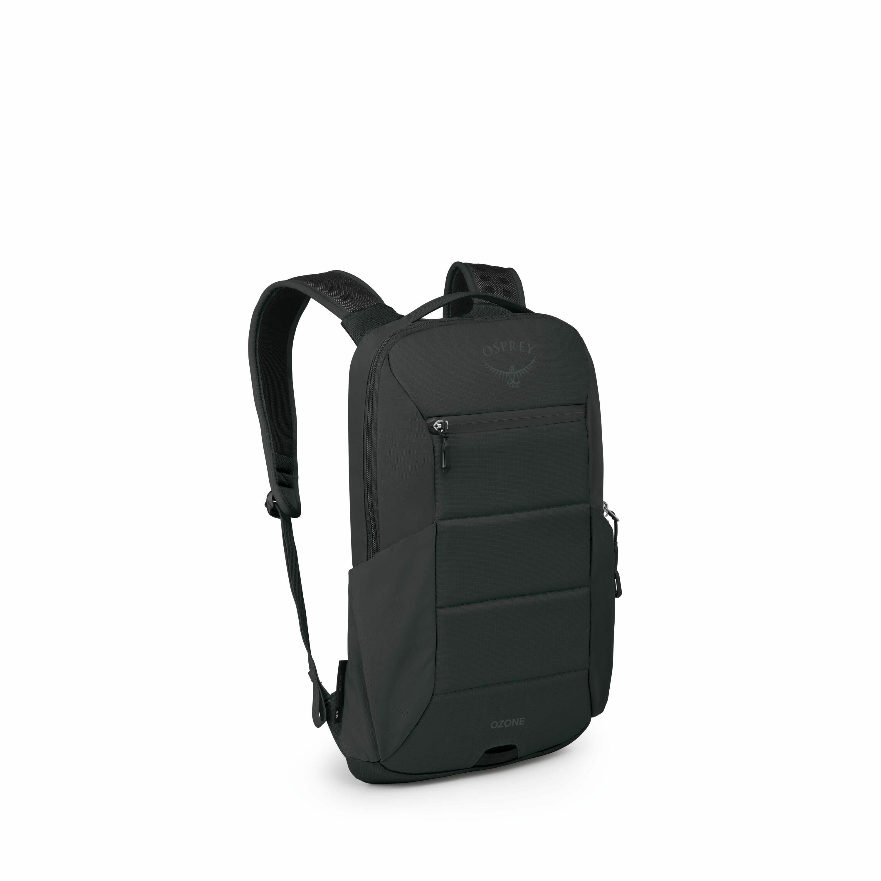 The images show an Osprey brand backpack in various stages of assembly. The first image presents a fully assembled black backpack with padded shoulder straps, a front pocket, and the Osprey logo visible at the top. The subsequent images depict the backpac