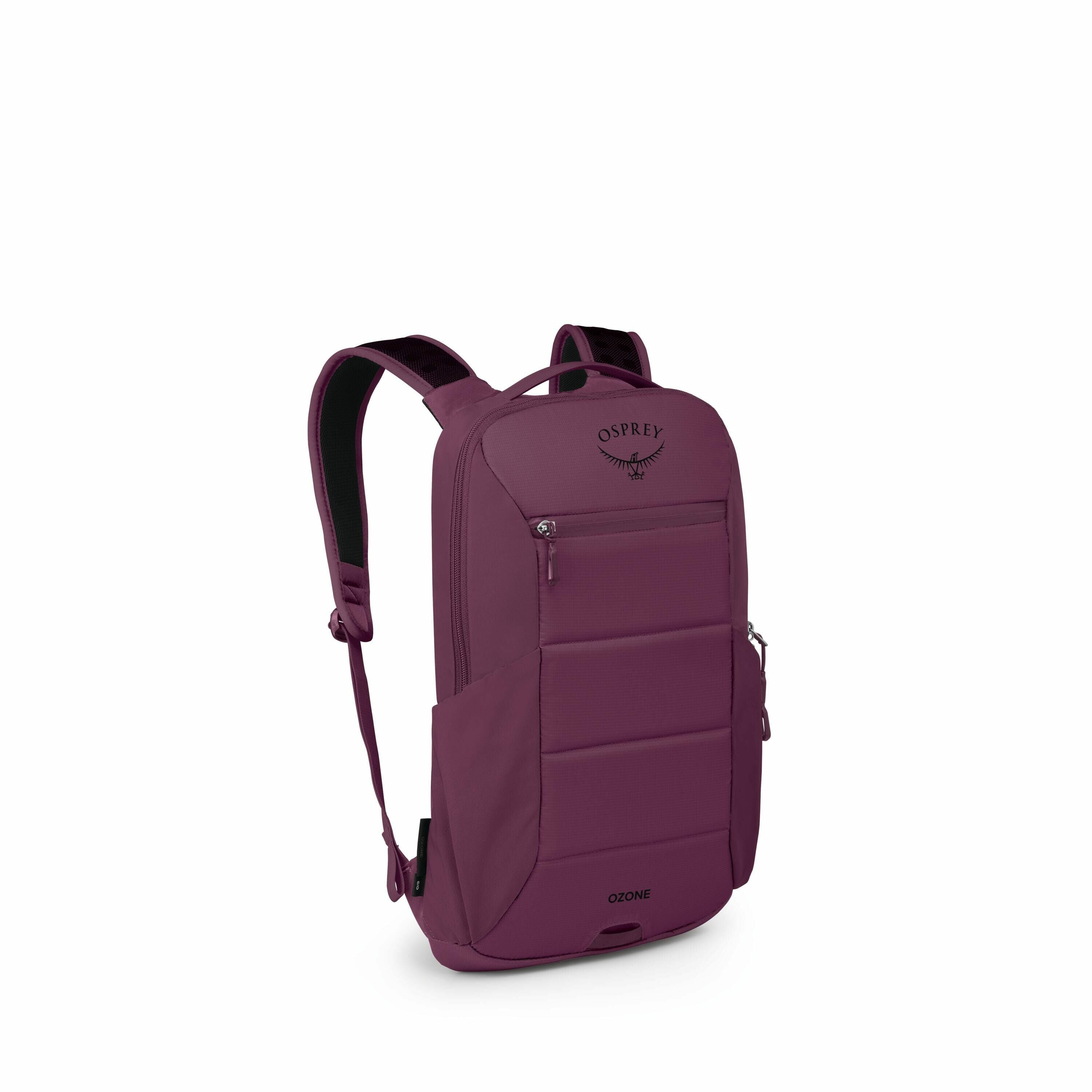 The image displays a backpack from the Osprey brand, specifically the Ozone model. It has a rich burgundy color and a sleek, streamlined design. The backpack is shown from a three-quarter view, highlighting its front and side with visible zipper pockets.
