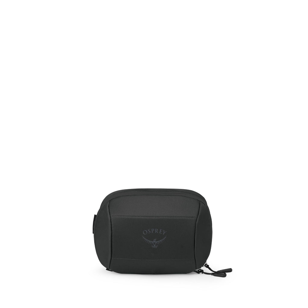 The images show a small, black Osprey pouch with a minimalist design. It has a rounded rectangular shape, a zippered main compartment, and a front stretch pocket featuring the Osprey logo. Additional frames highlight the pouch's components, including zipp