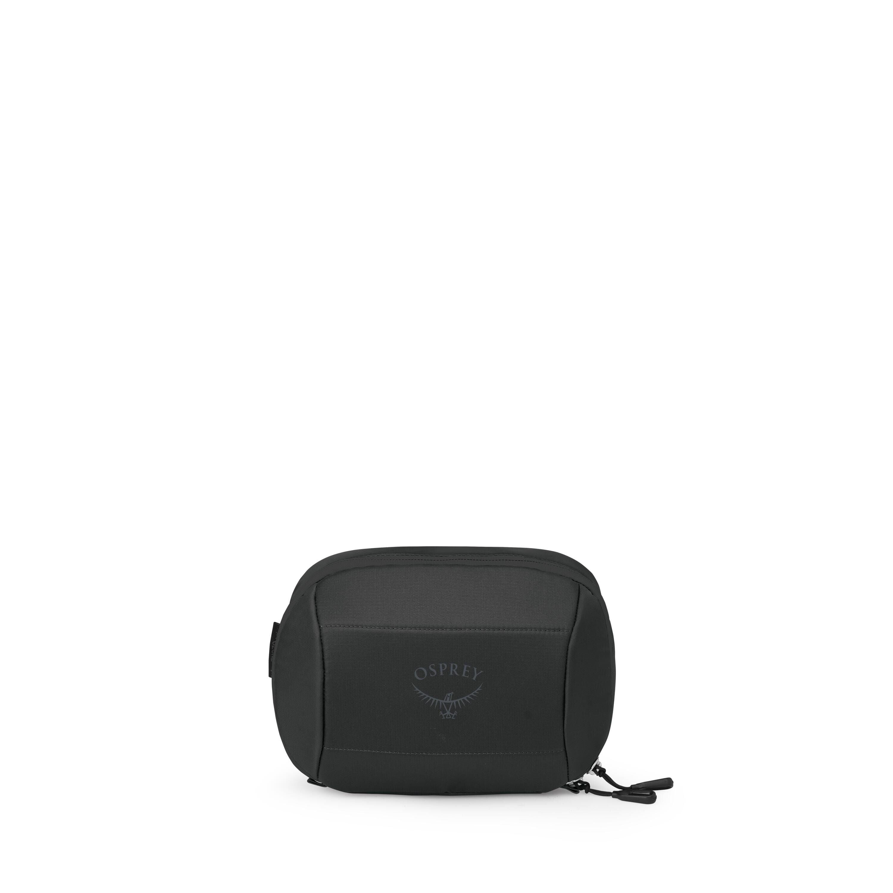 The images show a small, black Osprey pouch with a minimalist design. It has a rounded rectangular shape, a zippered main compartment, and a front stretch pocket featuring the Osprey logo. Additional frames highlight the pouch's components, including zipp