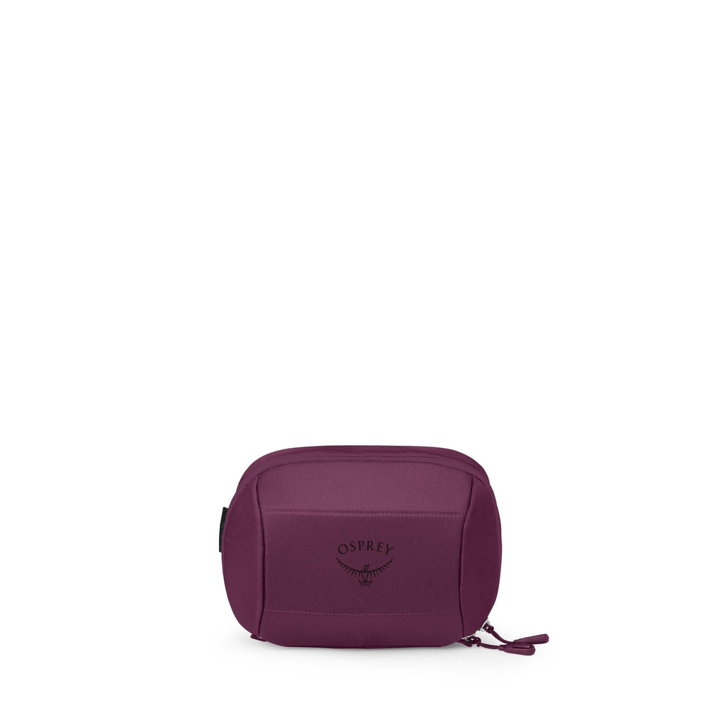 A compact, zippered pouch is shown from multiple angles in a clean product layout. The bag is a rich purple color with the Osprey logo centered on the front pocket. Additional images show the pouch flattened, opened from the top, and close-ups of the zipp