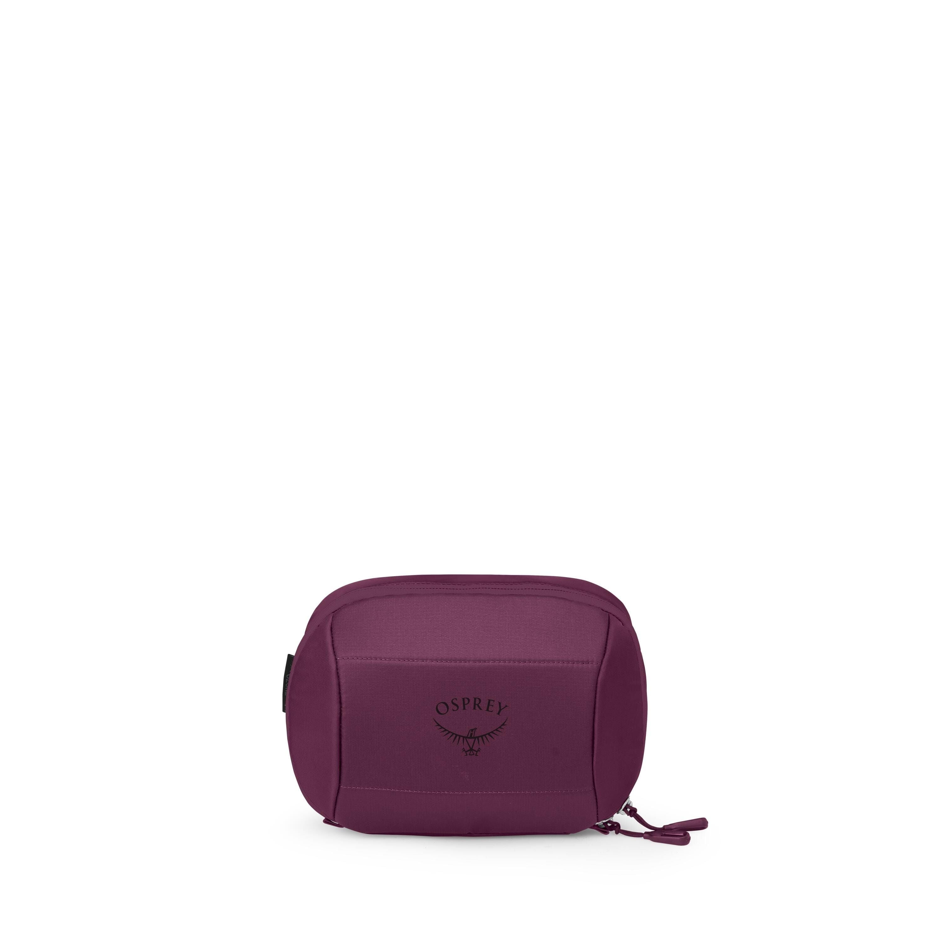A compact, zippered pouch is shown from multiple angles in a clean product layout. The bag is a rich purple color with the Osprey logo centered on the front pocket. Additional images show the pouch flattened, opened from the top, and close-ups of the zipp