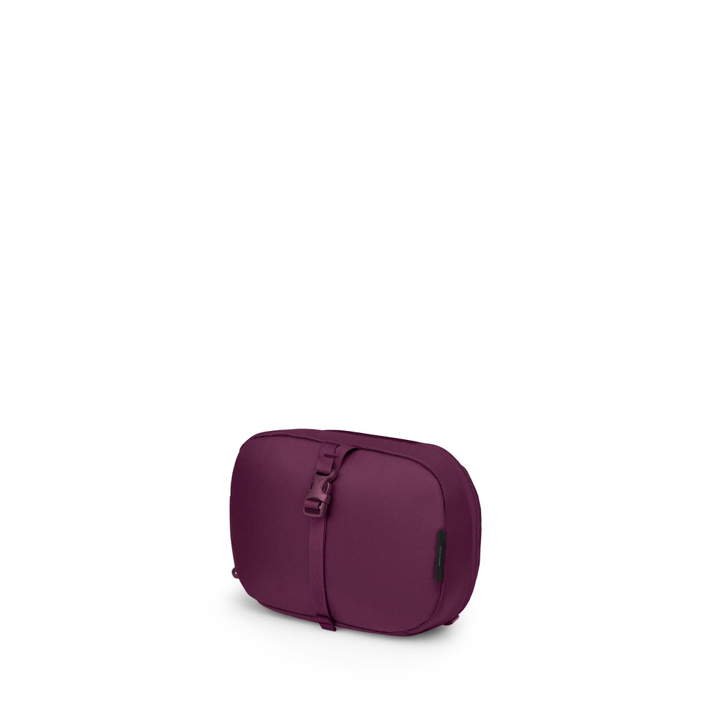 The images show a small, rounded travel pouch in purple tones, photographed on a white background. It has a front compression strap with a side-release buckle running vertically across the pouch. The pouch appears structured yet soft, with a zipper around