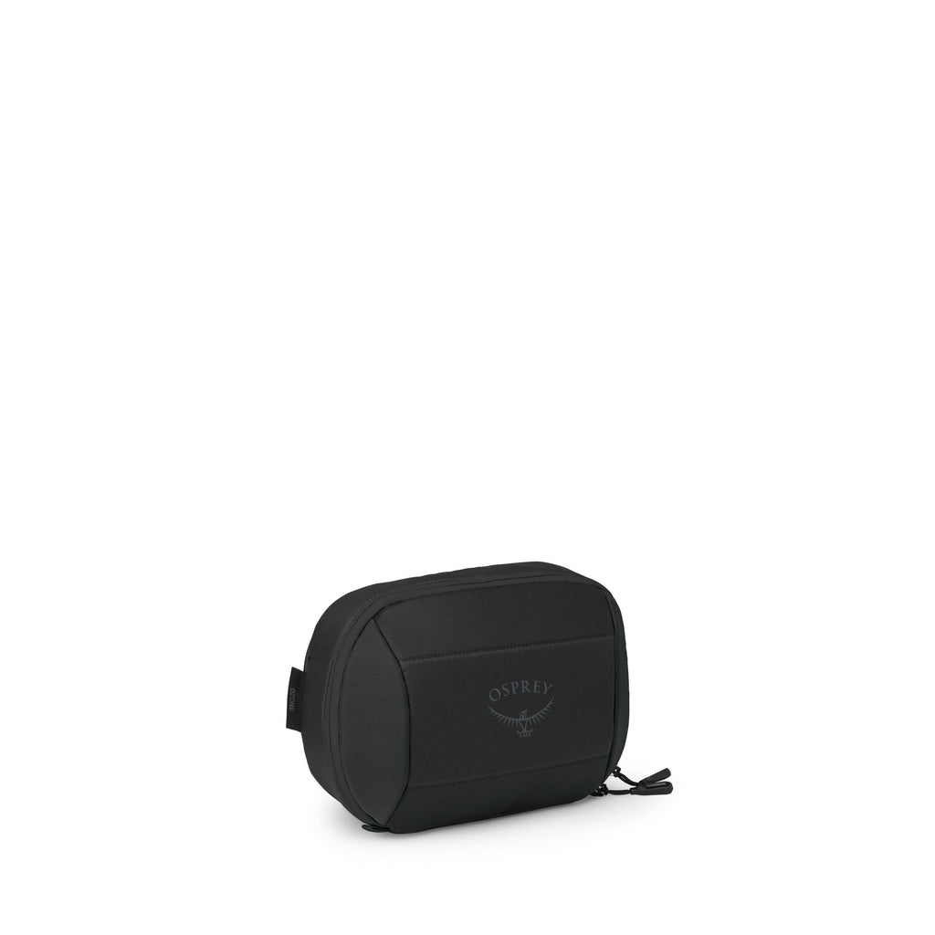 A compact black pouch with an Osprey logo sits against a white background. The bag has a rounded rectangular shape with a front panel and subtle seams that contour the sides. A zipper runs along the top, ending in two small pull tabs. The angles show its