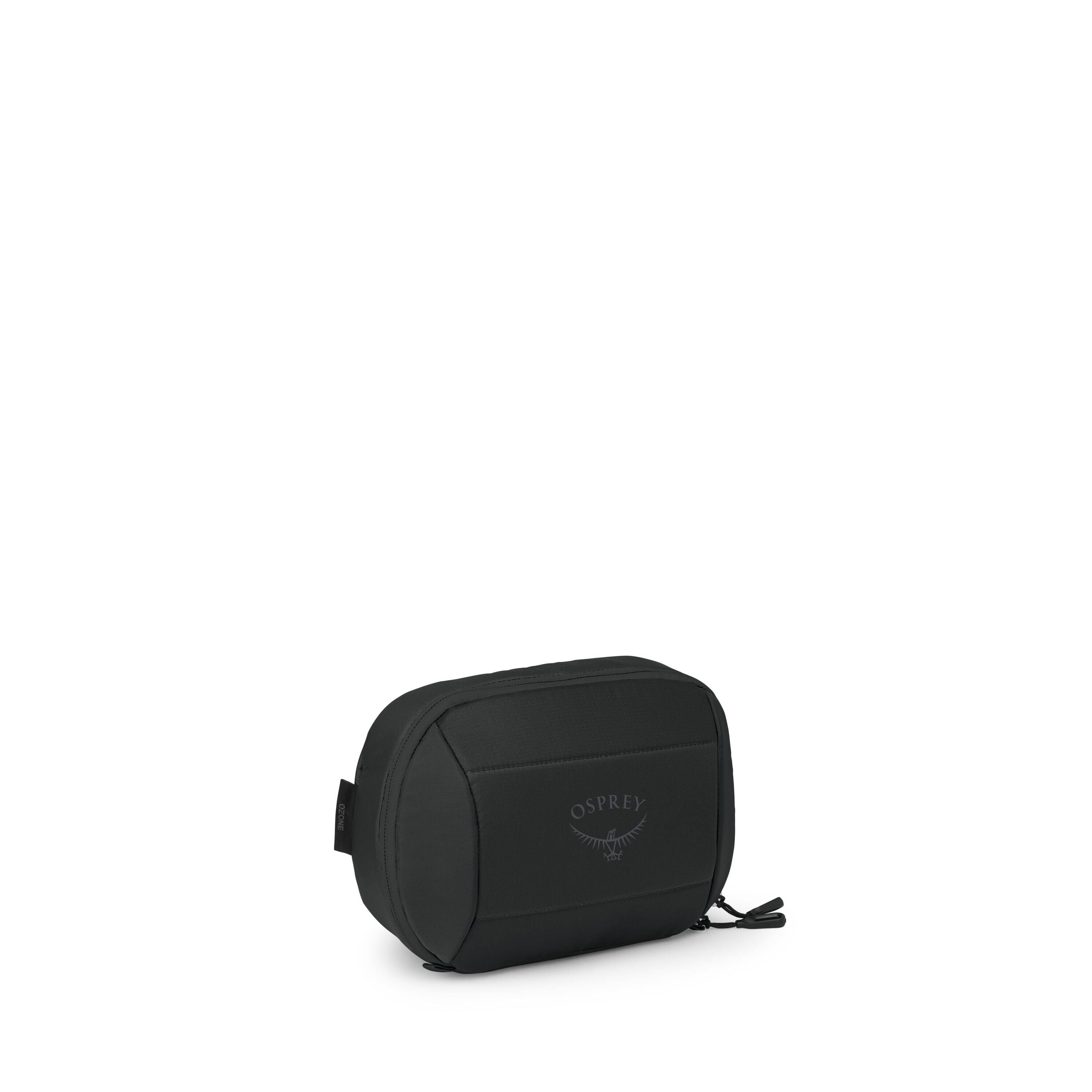 A compact black pouch with an Osprey logo sits against a white background. The bag has a rounded rectangular shape with a front panel and subtle seams that contour the sides. A zipper runs along the top, ending in two small pull tabs. The angles show its