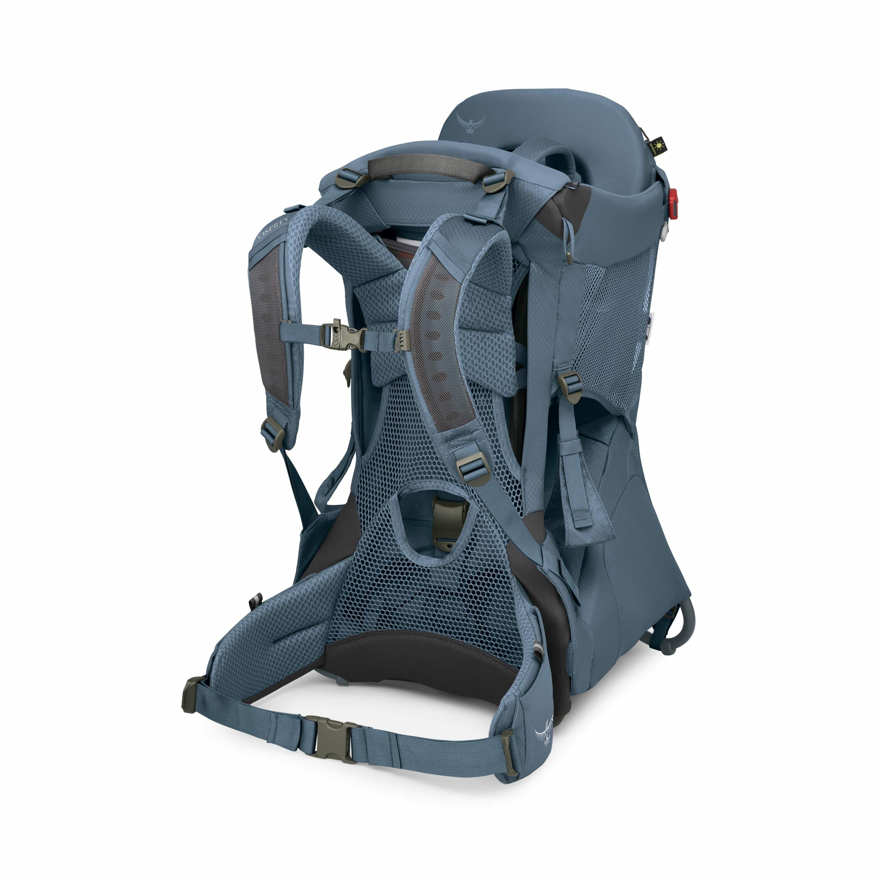 The image showcases a hiking child carrier backpack designed for outdoor adventures with infants or young children. The carrier is primarily blue with gray accents and features a sturdy frame, padded shoulder straps, and a supportive waist belt for comfor