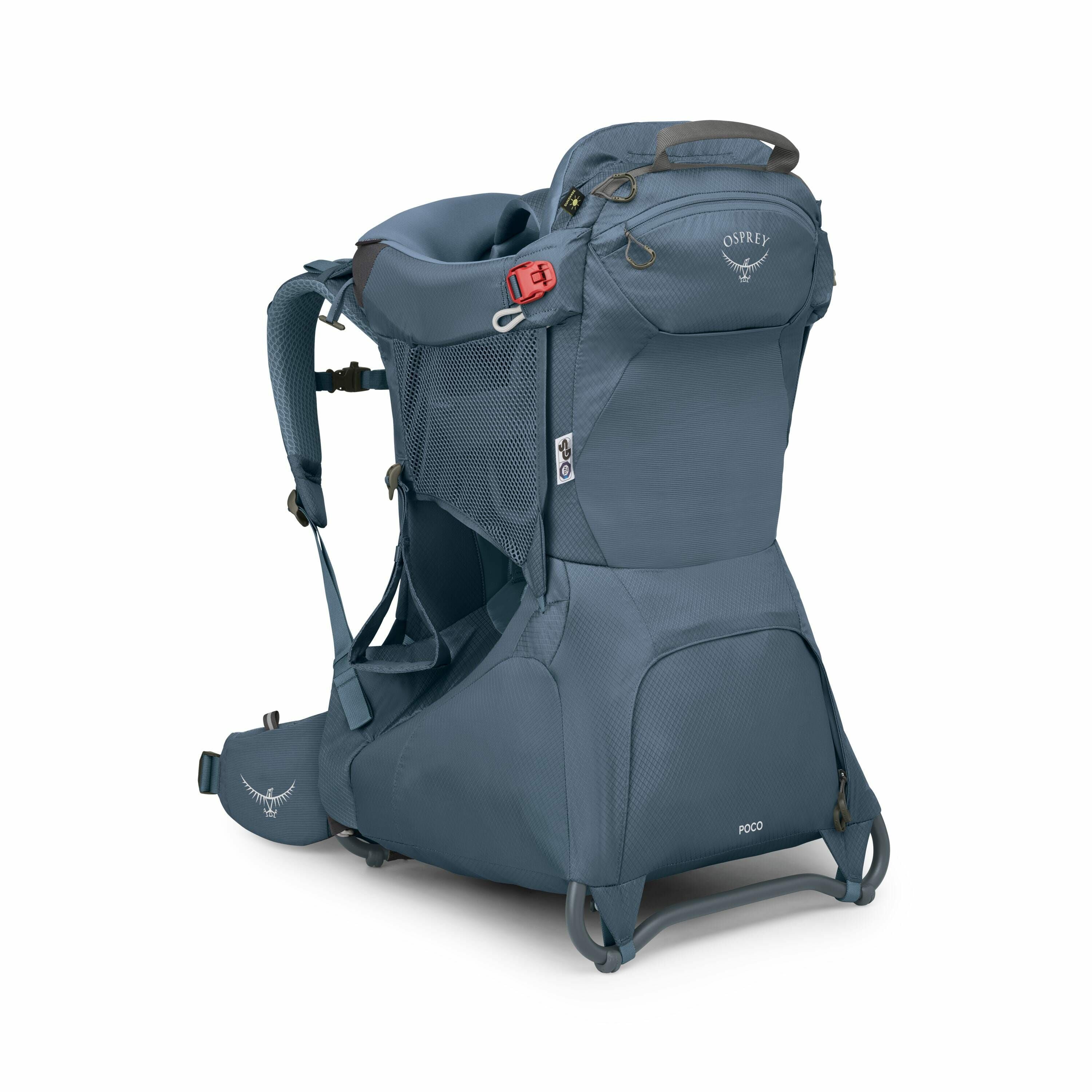 The image showcases a blue Osprey child carrier backpack designed for hiking and outdoor activities. It features a robust structure with padded shoulder straps and a supportive hip belt for comfort. The backpack has a spacious compartment for carrying ess
