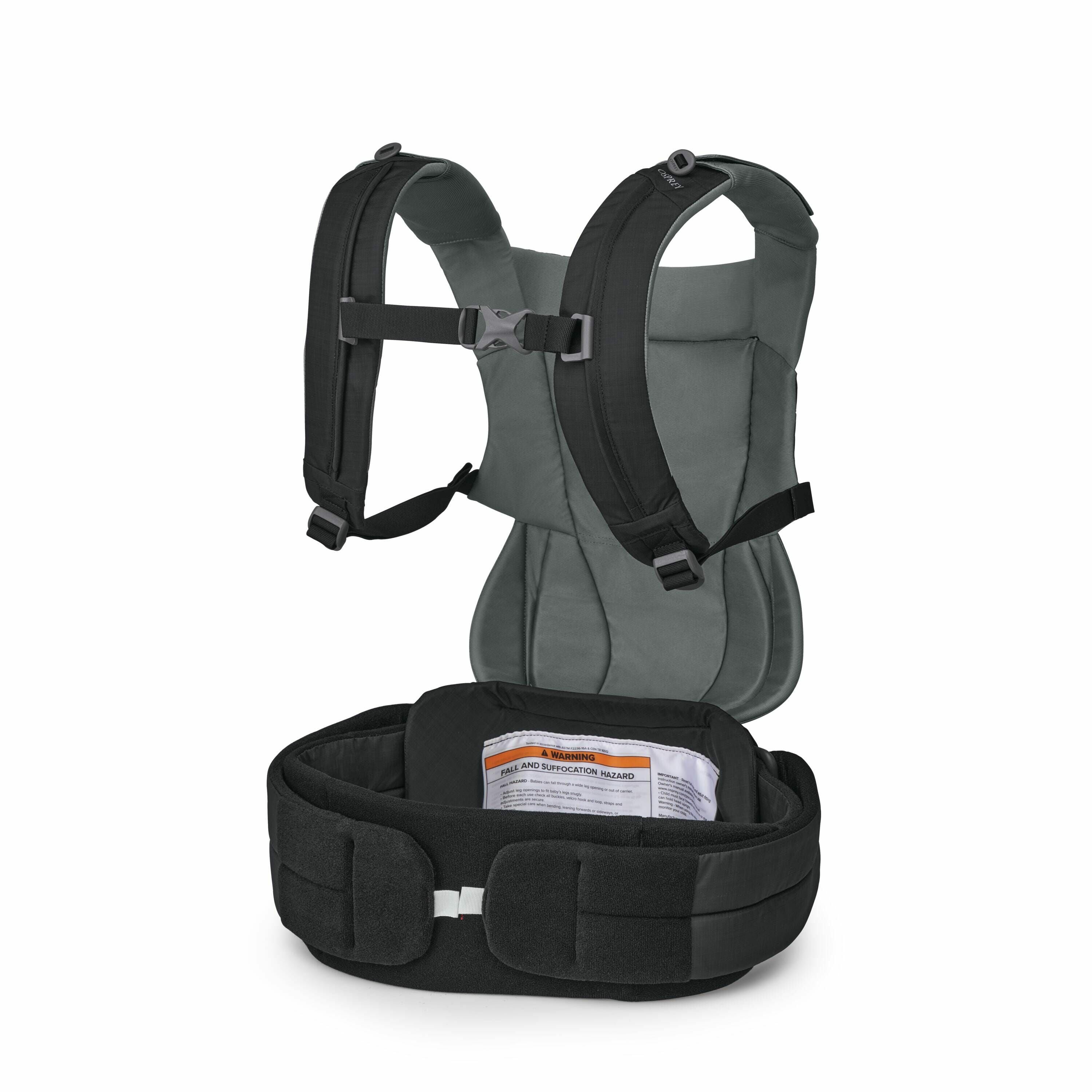 The images depict a baby carrier, showcasing different components and configurations of the product. The first two images present the full baby carrier with padded shoulder straps, a supportive back panel, and a wide waistband that appears to be adjustabl