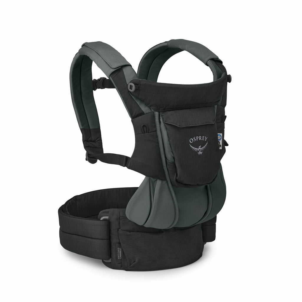 The image showcases an Osprey baby carrier designed for carrying infants comfortably and securely. It features padded shoulder straps and a wide waist belt to help distribute weight evenly and enhance the comfort for the person wearing it. The baby carrie