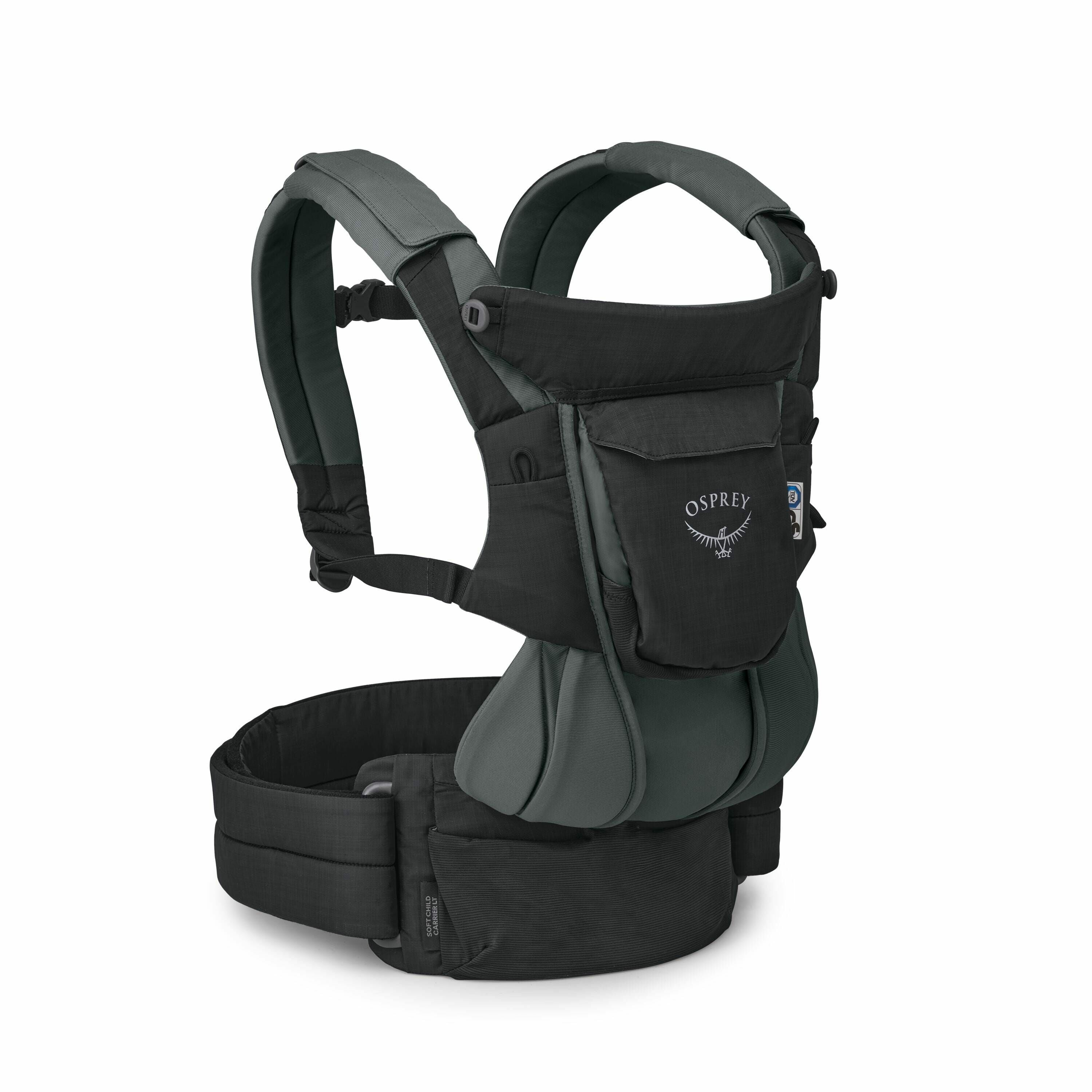 The image showcases an Osprey baby carrier designed for carrying infants comfortably and securely. It features padded shoulder straps and a wide waist belt to help distribute weight evenly and enhance the comfort for the person wearing it. The baby carrie