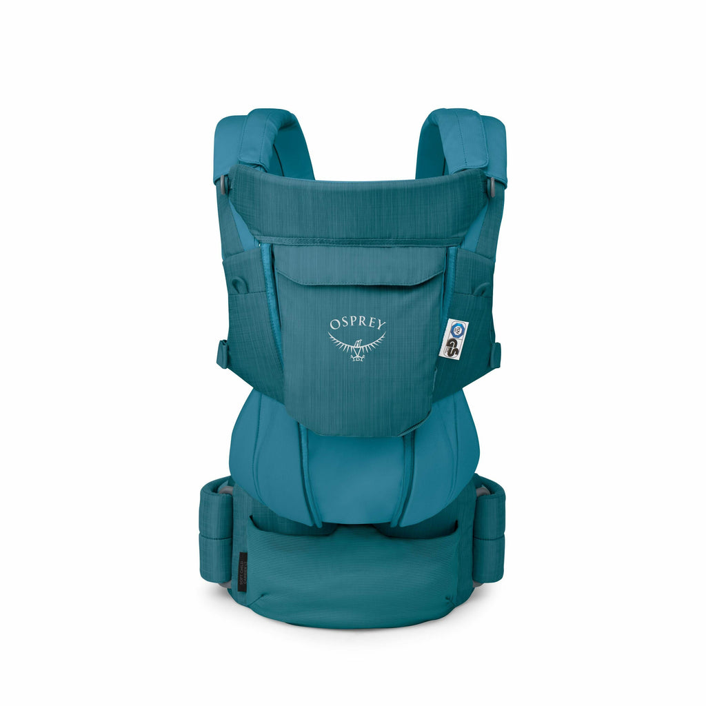 The images depict a teal-colored baby carrier from various angles and configurations. It is a structured carrier with padded shoulder straps and a supportive waistband designed for ergonomic comfort. The brand "Osprey" is prominently displayed on the fron