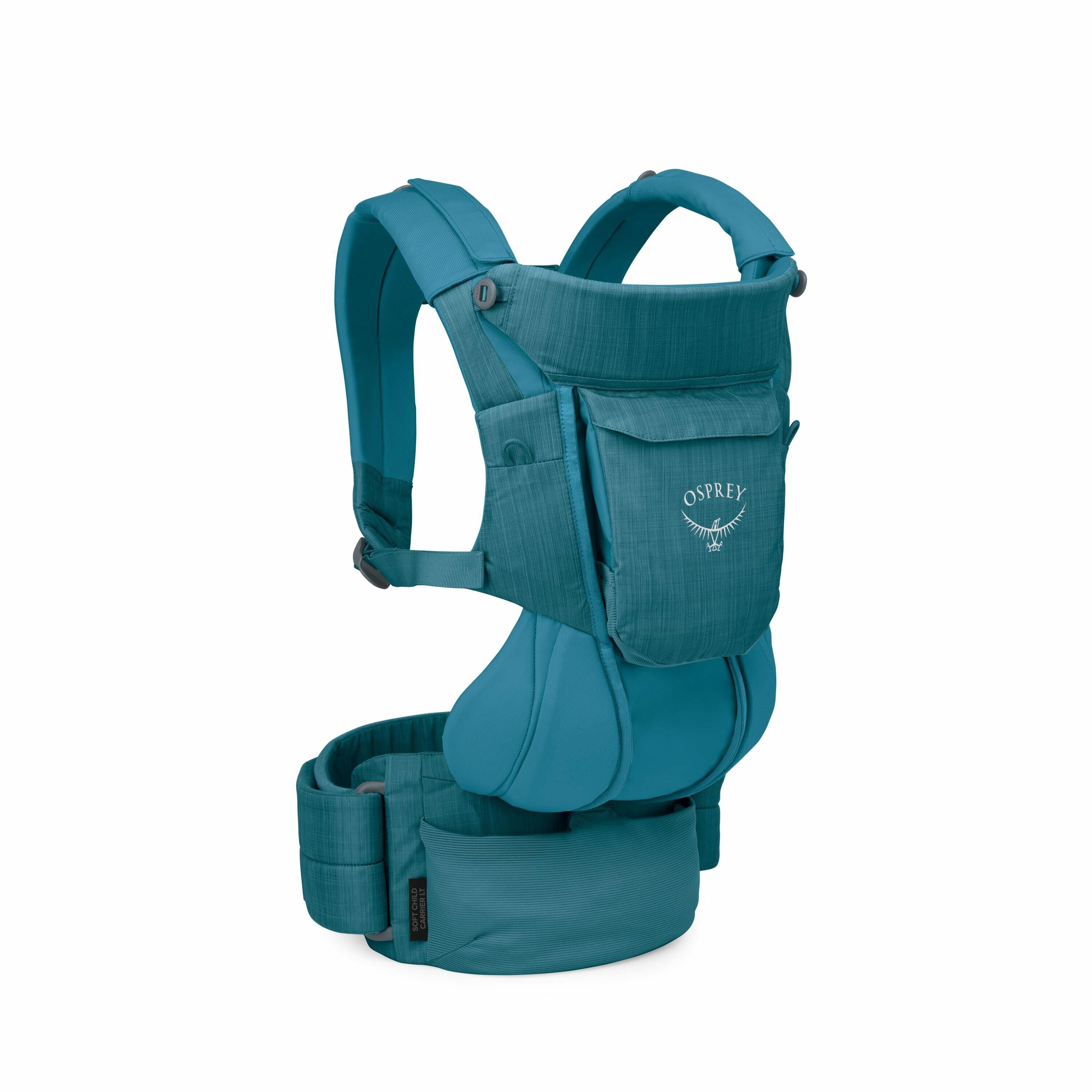 The image showcases a teal-colored baby carrier by Osprey. It features padded shoulder straps and a supportive waist belt designed for comfort and stability. The carrier has a pouch at the front, adorned with the Osprey logo, which adds a practical storag