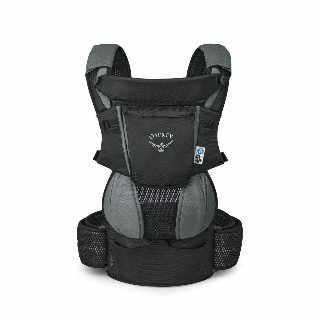 The images feature a baby carrier from the brand Osprey, known for its outdoor and travel gear. The carrier is primarily black with grayish accents on the shoulder straps, hip area, and sides, providing a sturdy and comfortable design for carrying a child