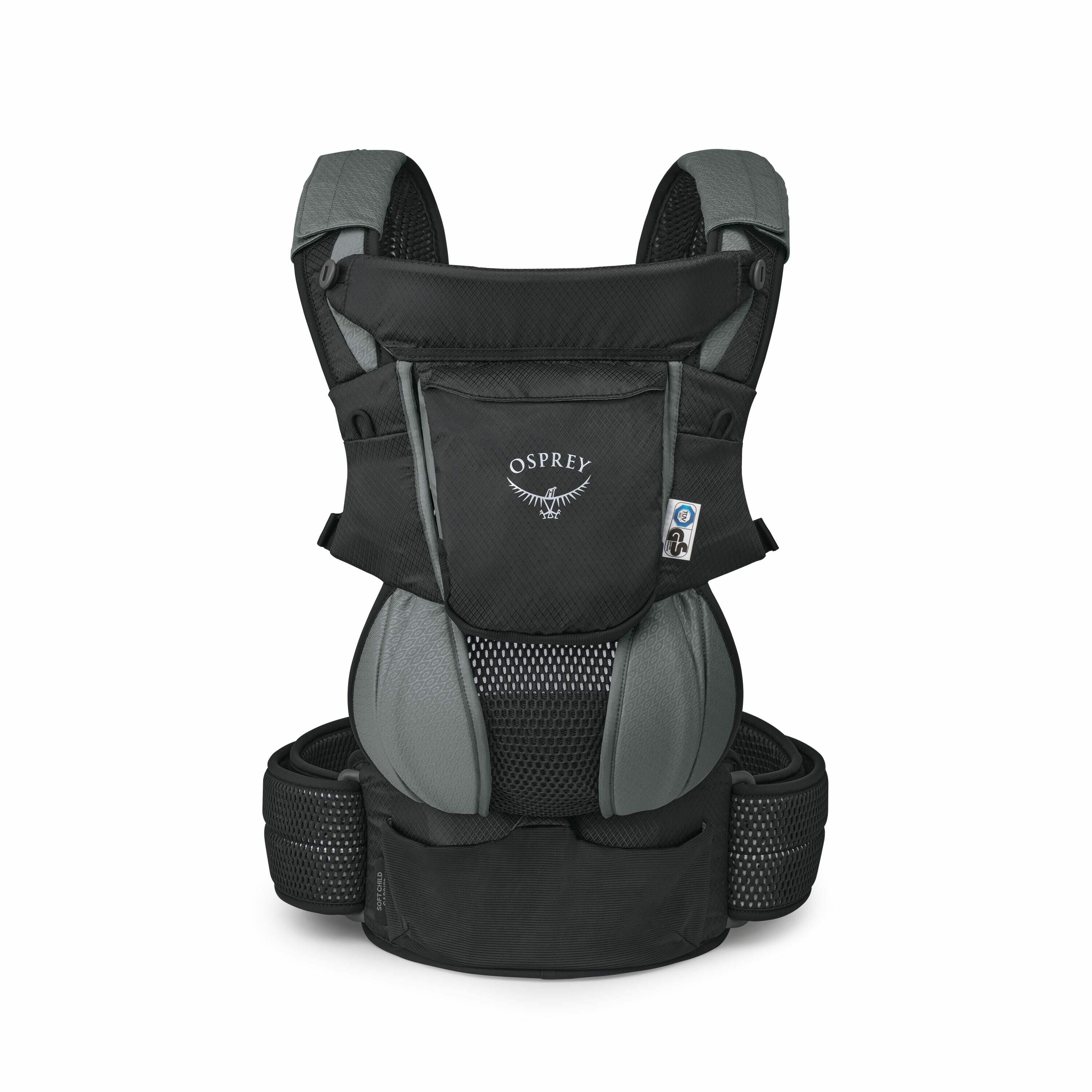 The images feature a baby carrier from the brand Osprey, known for its outdoor and travel gear. The carrier is primarily black with grayish accents on the shoulder straps, hip area, and sides, providing a sturdy and comfortable design for carrying a child