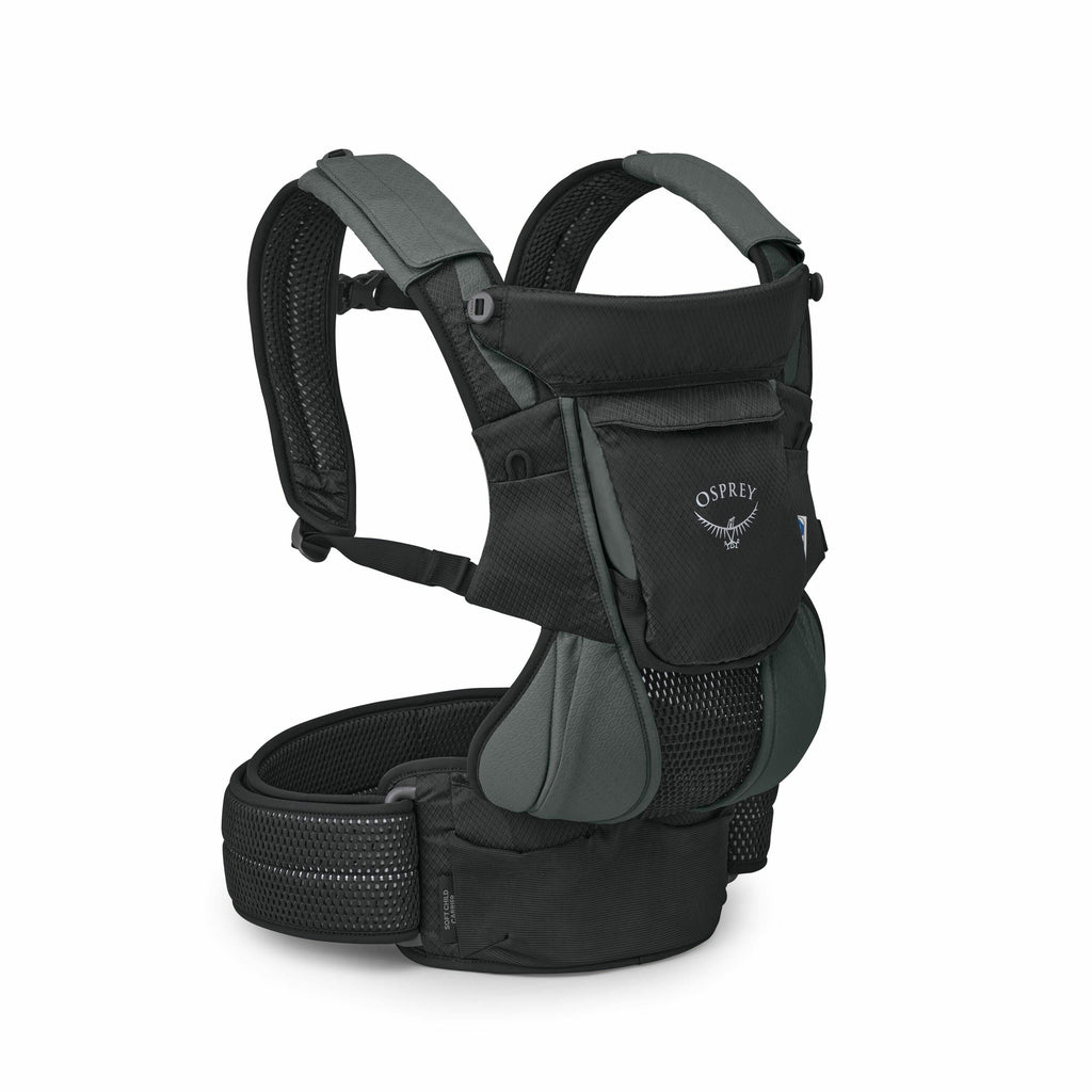 The images feature a baby carrier designed by Osprey. The first and second images showcase the front view of the carrier, highlighting its padded straps and ergonomic design intended to provide comfort for the wearer and safety for the child. The fabric a