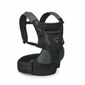 The images feature a baby carrier designed by Osprey. The first and second images showcase the front view of the carrier, highlighting its padded straps and ergonomic design intended to provide comfort for the wearer and safety for the child. The fabric a
