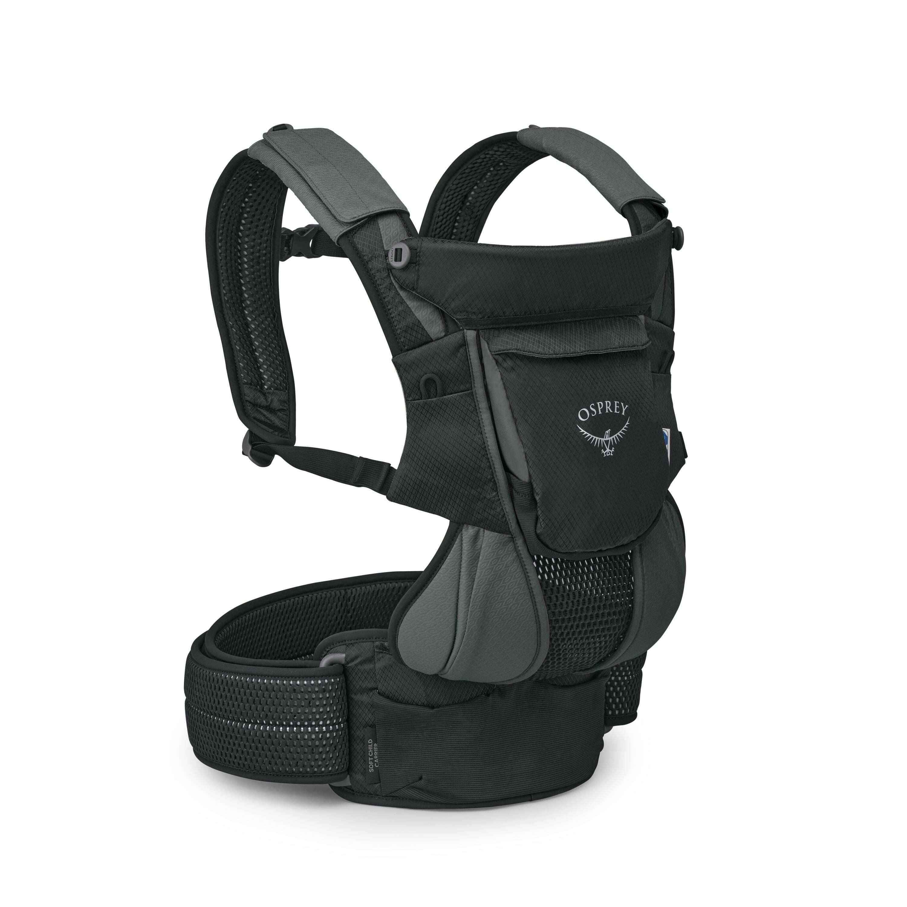 The images feature a baby carrier designed by Osprey. The first and second images showcase the front view of the carrier, highlighting its padded straps and ergonomic design intended to provide comfort for the wearer and safety for the child. The fabric a
