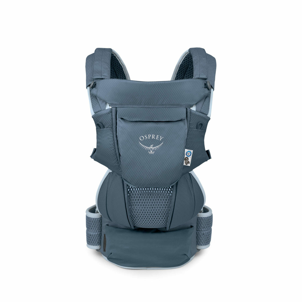The images show various parts and configurations of a baby carrier designed by Osprey. The carrier features a deep blue color and includes padded shoulder straps and a supportive waist belt for comfort during use. The front panel prominently displays the