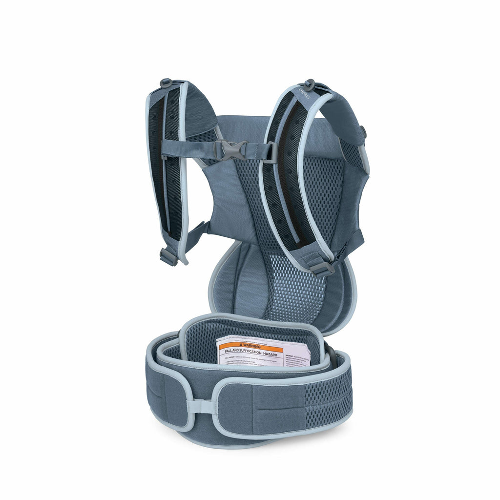The image series appears to show a baby carrier, specifically focusing on its harness and belt structure. The harness is designed to fit over the shoulders, with adjustable straps and buckles to secure the wearer. The design incorporates breathable mesh p