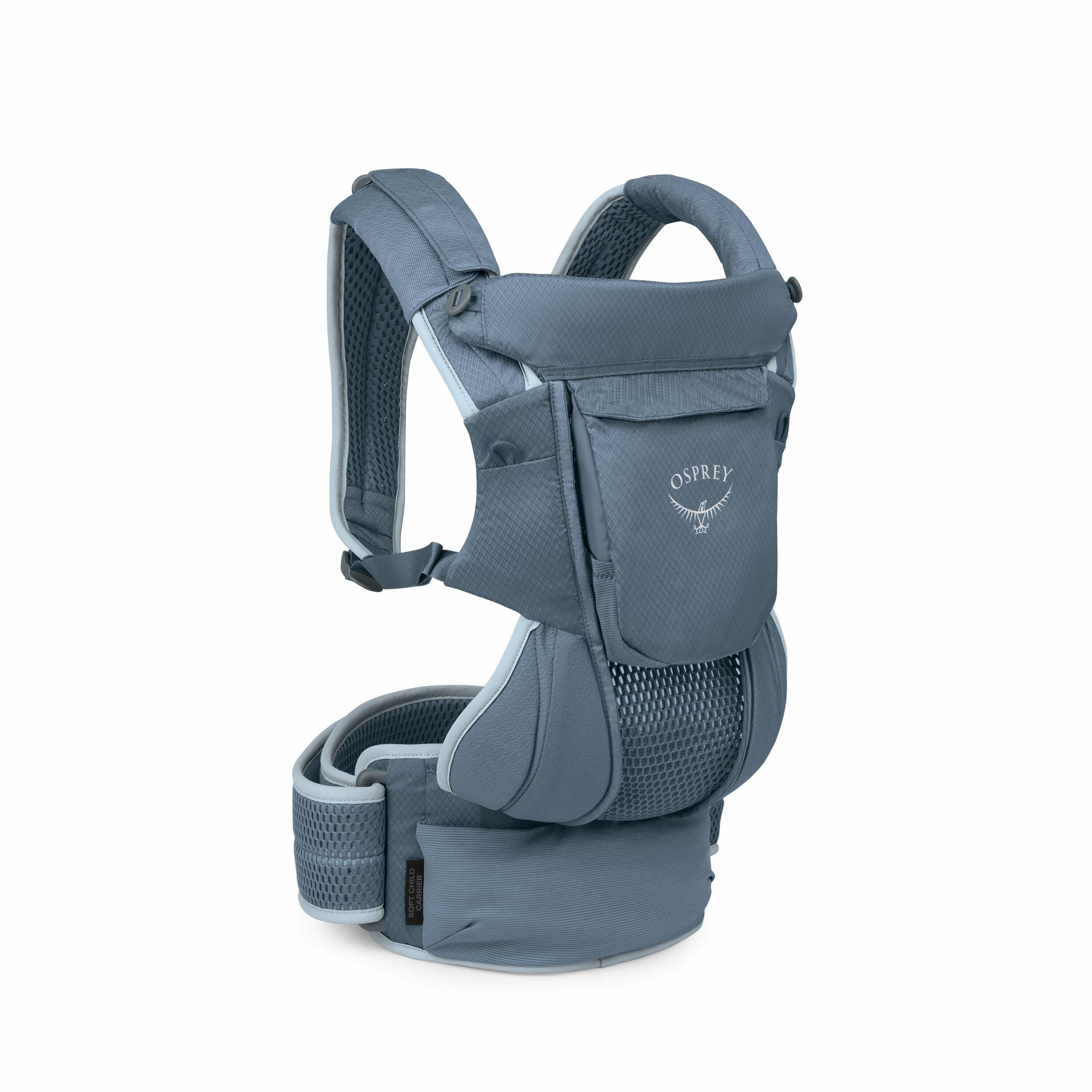 The images depict a baby carrier made by Osprey, a brand known for outdoor gear. The carrier is shown from various angles, illustrating its design and structure. It is primarily blue and features padded shoulder straps, a supportive waist belt, and a cent